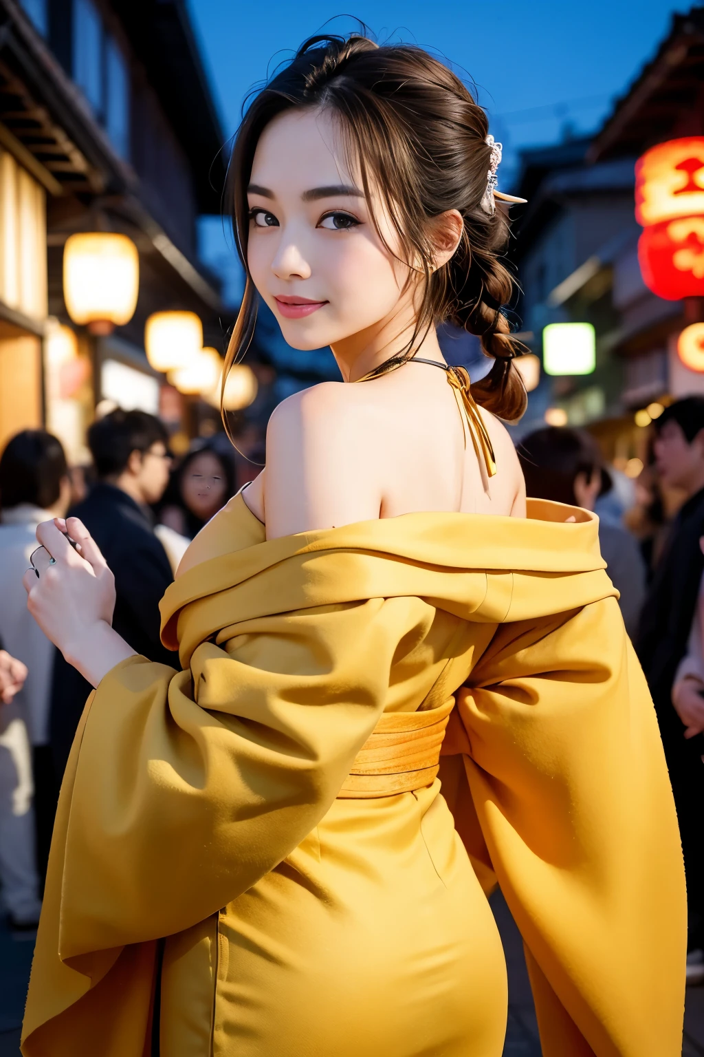 J-Pop Idol: 1.2、Mix 4、Japanese female 1 person,23 years old,(Thin eyebrows: 1.4),Sparkling brown eyes,clear amber eyes,Bunhead,Two braids tied together、Ancient Capital,Kyoto、Beautiful detailed sky、street,(crowd:1.2),night、kimono,kimono、Happy,smile,Golden ratio body,Beautiful woman looking back,Anatomically accurate depiction、masterpiece,highest quality,Highest Resolution:1.2,Hyperrealistic:1.5,16k raw photos:1.5、