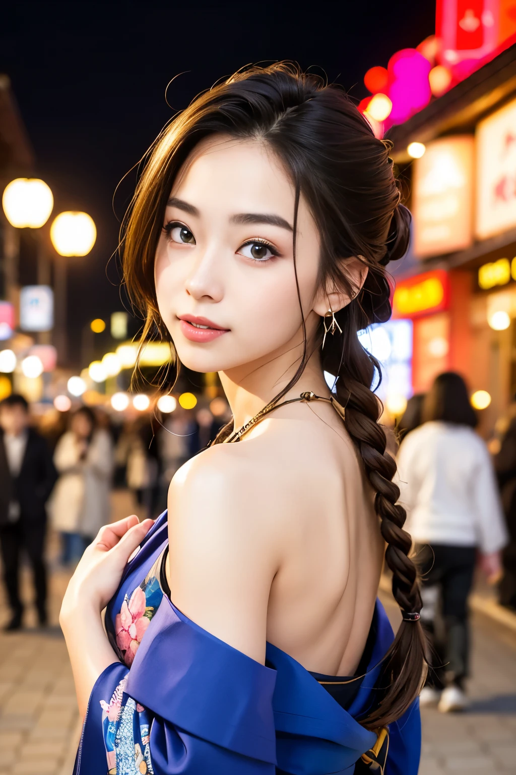 J-Pop Idol: 1.2、Mix 4、Japanese female 1 person,23 years old,(Thin eyebrows: 1.4),Sparkling brown eyes,clear amber eyes,Bunhead,Two braids tied together、Ancient Capital,Kyoto、Beautiful detailed sky、street,(crowd:1.2),night、kimono,kimono、Happy,smile,Golden ratio body,Beautiful woman looking back,Anatomically accurate depiction、masterpiece,highest quality,Highest Resolution:1.2,Hyperrealistic:1.5,16k raw photos:1.5、