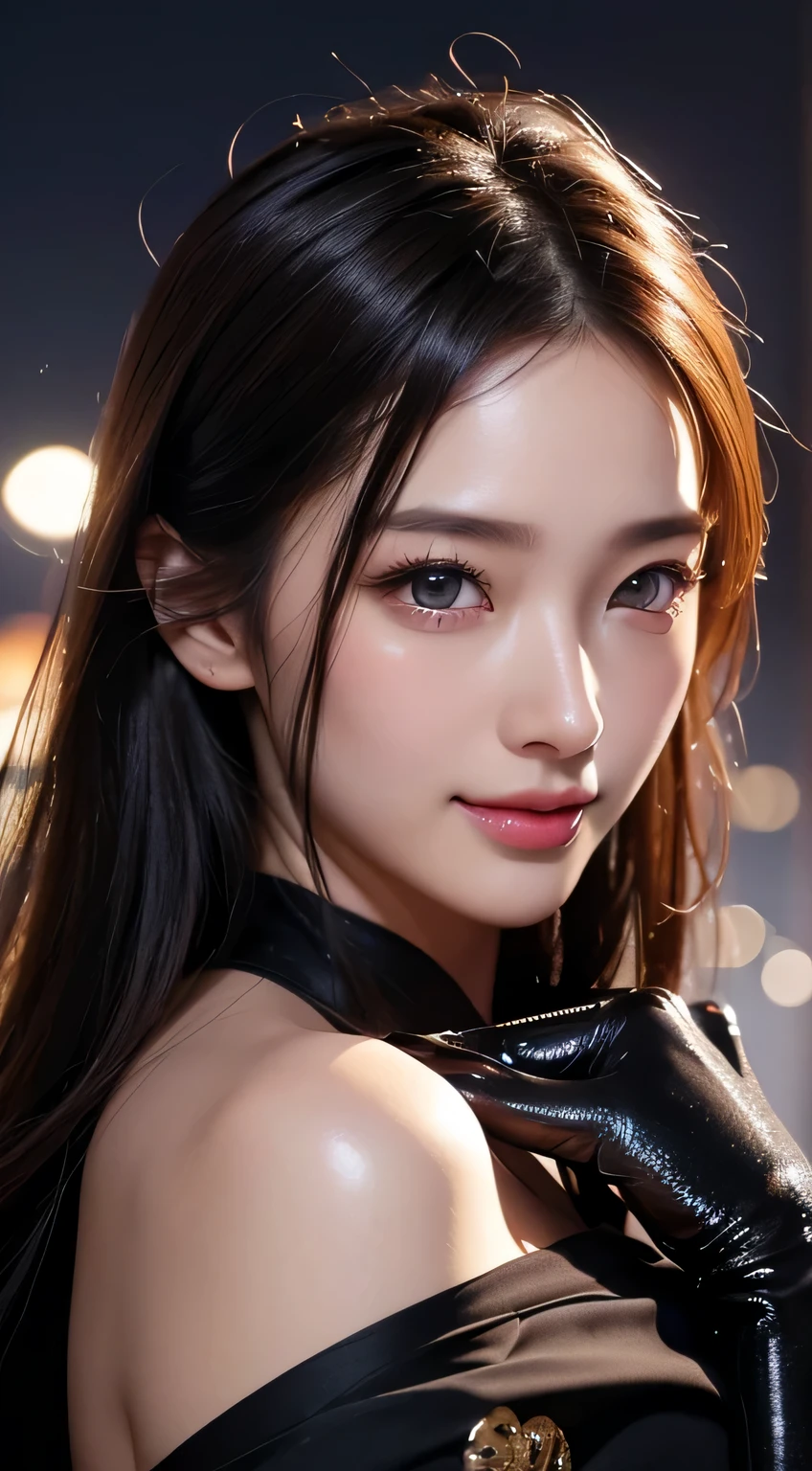 Beautiful woman in kimono,body portrait、8k,fine and beautiful eyes,Dindal effect、masterpiece, 最high quality, high quality, High resolution、very detailed photos、(natural skin texture、fine skin、hyper realism、Super sharpness)、high detail skin、(very detailed、fine skin texture、intricate details、beautiful face、(lifelike face)、realistic eyes、beautiful and detailed eyes、real looking skin、beautiful skin、surreal、very detailed、golden ratio、with smiling eyes、((night moonlight background))、body portrait、G cup、big breasts,glamorous,shiny bodysuit
