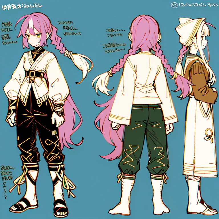 (Character Design Sheet, (((same character))), front, Side, back), 2D anime style, anime mo art style, 1 person, asexual, Pink hair, long bangs, thin twisted braid, golden eyes, Brilliant eyes, no clothes, Black limbs, cute art style, иллюстрация anime style, from Kamagurka, in pixiv, pixiv style, pixiv, anime style, anime art style, whole body commission