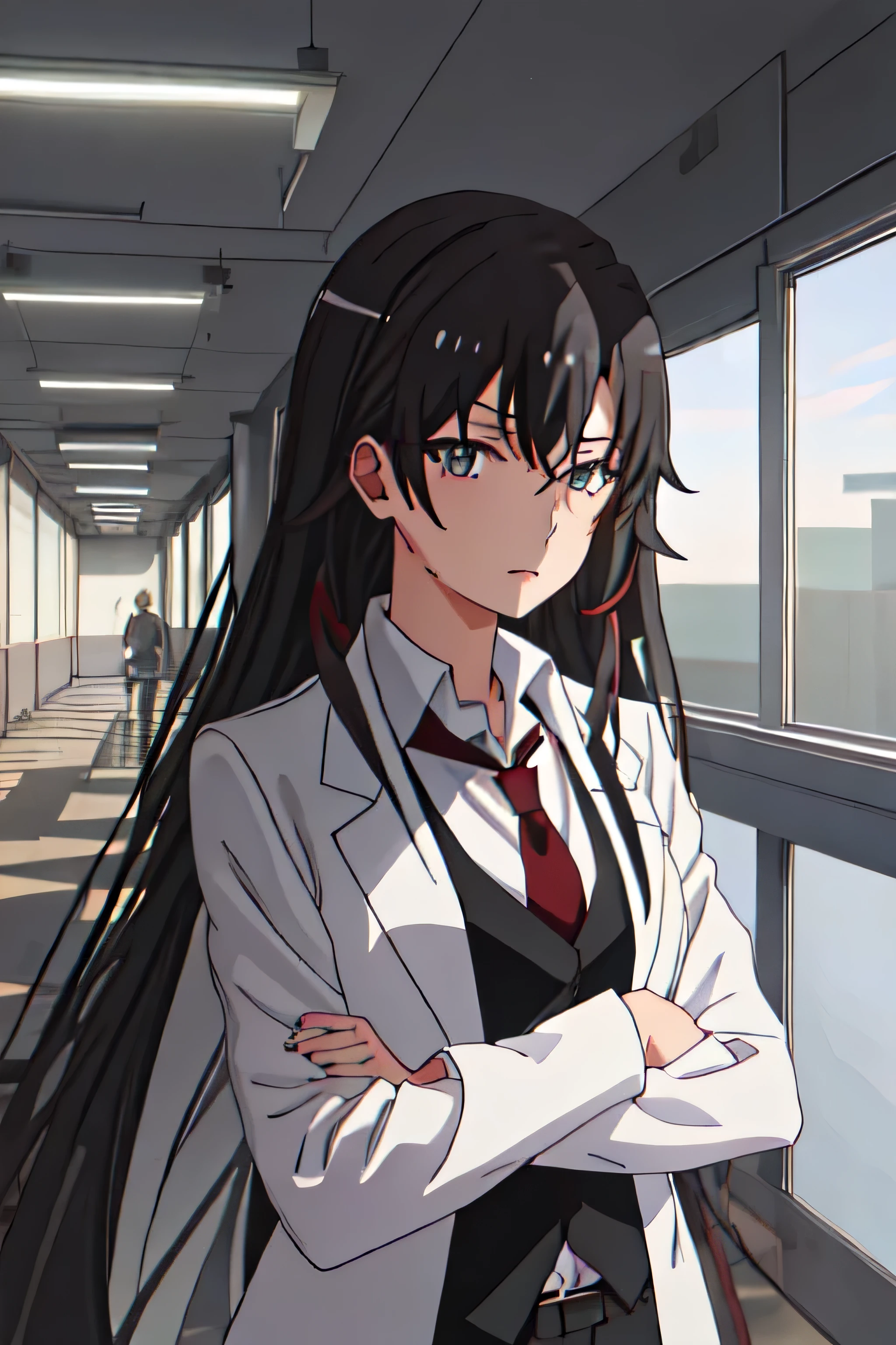 best quality, masterpiece, high resolution, Solitary, {Hiratsuka_Shizuka_yahariorenoseishunlovecomewamachigatteiru:1.15}, long_hair, Black_hair, tie, 1 Girl, Japanese cartoons_dyeing, School_, shirt, portrait, White_shirt, Red_tie, collaRed_shirt, hair_between_Eye,Stand in the hallway of the school，Many students，Busy corridor，In the corridor outside the classroom