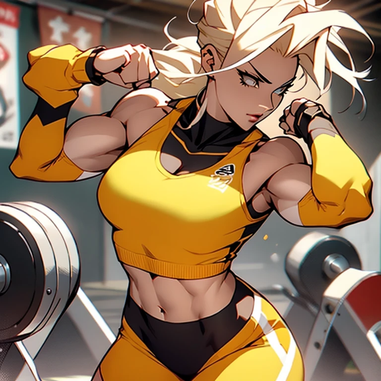 a woman flexing her muscles in a gym, trending on dribble, ash blond hair, roshan, an ai generated image, 985530902, flesh!, in the style of sifu 🔥 😎 🕹️ 👀 :2, trading card, 834779519, ash, within radiate connection, growth