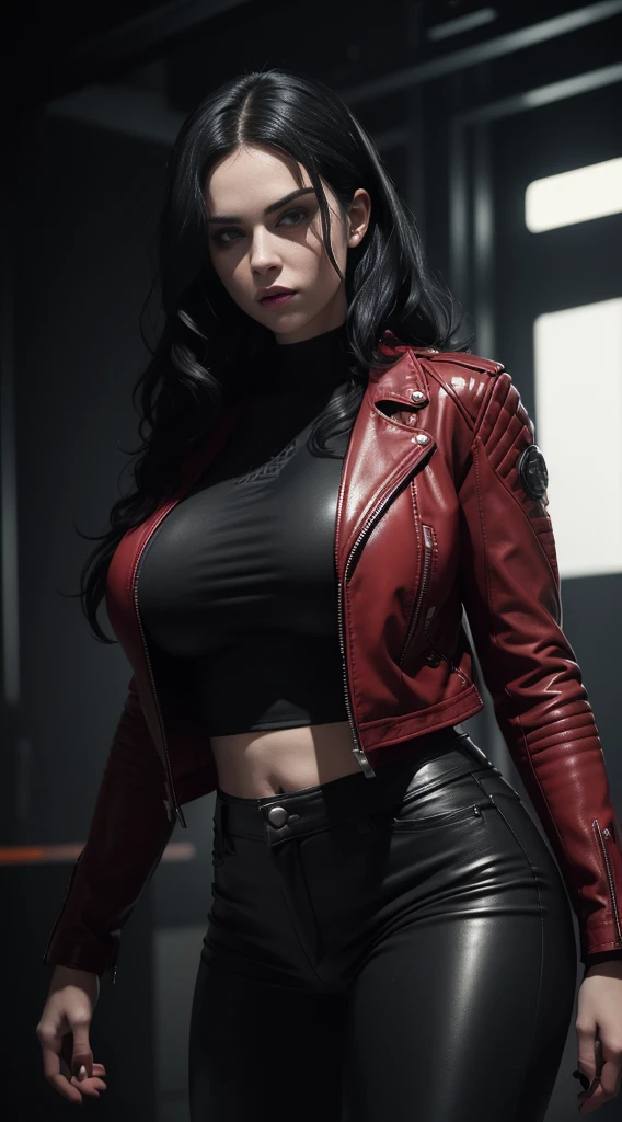 (Selene from Underworld wearing red leather jacket, black tanktop and black pants), (bob wavy black hair), (pale skin), (serious face), (solid color background), dynamic angle shot, dynamic pose, studio lighting, photo realism, intricate face detail, intricate hand details, highly detailed, vibrant colors, cinematic, high definition, trending on Artstation--style raw, (chubby:1.3) (huge breasts:1.2),
