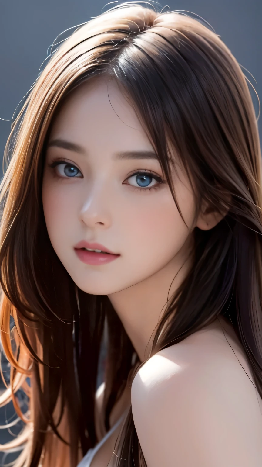 One girl, highest quality、masterpiece、超A high resolution、(Cowboy Shot),(Realistic), (Ultra-realistic), (Ultra-high resolution), (Ultra high definition), (One girl), ((Ultra-Realistic Details)),(Photorealistic:1.4)Beautiful Face, Cute face, 、RAW Photos、1 girl、Japanese young girl,masterpiece, highest quality, High Resolution Skinsタイトブラックトップ:1.2, View your viewers, Cinema Lighting, perfection, Soft Light, High Resolution Skins:1.2, Realistic skin texture, 20 year old beauty、Small Face、No makeup、, Off the shoulder,Bust B cup、 Exposed cleavage,blue eyes, Long Straight Hair, Dark brown hair、Gray background