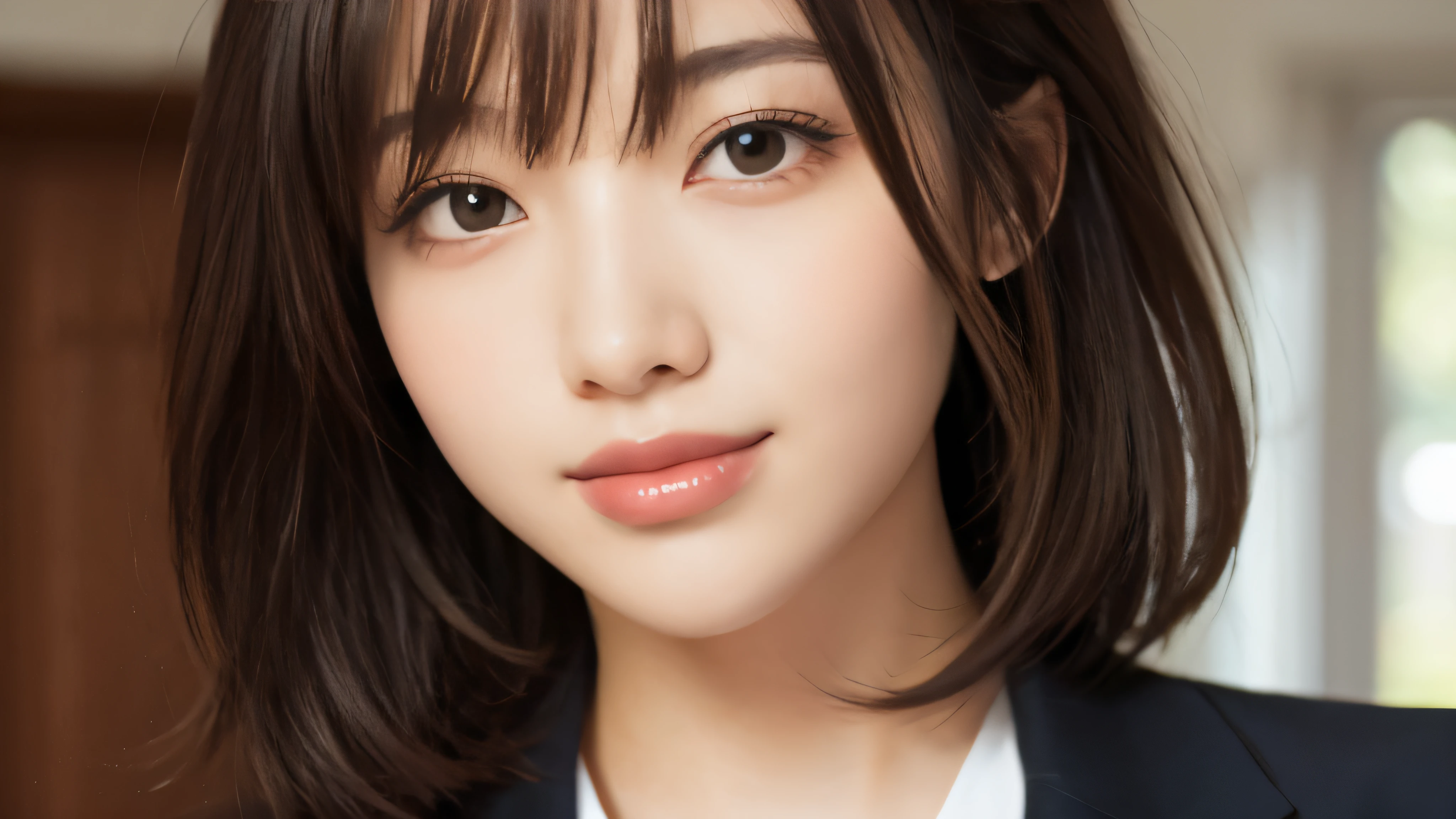 (masterpiece:1.2,highest quality),erase the background,1 young woman,((suit)),(Big Breasts),Looking to the side,Black wavy hair,((Fine and beautiful eyes)),blushed,Healthy Skin,(smile),8k resolution
