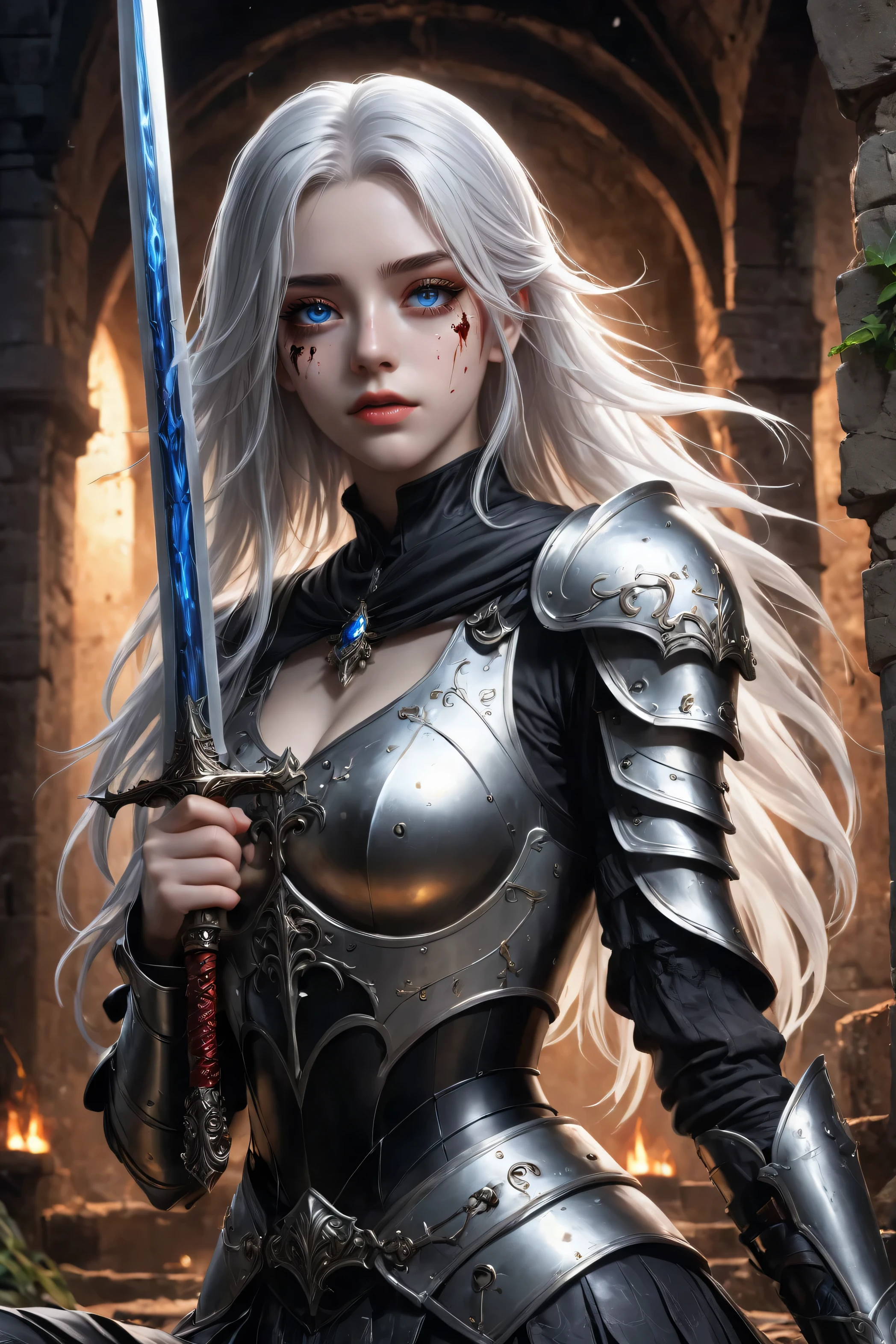Anime girl with blue eyes and white hair, legwear, detailed digital anime art, stunning anime face, detailed anime girl, Beautiful anime, realistic anime style, digital anime art, Beautiful anime face, beautiful anime woman, advanced digital anime art, , beautiful anime girl, anime girl, full length, medium breast, 16k, render, high quality, 1girl, no helmet, eternal beauty, charming anime character, no headgear, thick eyelashes,looking at viewer, slim figure, slim, fantasy art, The Crusade, Detailed armor, Beautifully decorated sword, In the dungeon, (Silver full body armor，crusader armor well decorated), (The armor is scarred，But beautifully decorated:1.5), Not wearing a helmet, ((Cinematic light)), warm lights, Light effect, Dramaticlight, Old ruins infested with plants, Ruins of an old castle, Ancient Castle Site, Abandoned mine, Deserted ruins, crumbling ruins, Ruins with clear puddles, Twilight, Sunset, Dusk, battlefield, The arm is injured, blood on arm, Tears are flowing down my cheeks, holy crusade, crusade, she sits on her knees, sit on knees, a sword in each hand, tears, tears on cheeks, hand injured, hand in blood, glowing eyes, glowing blue eyes, stockings
