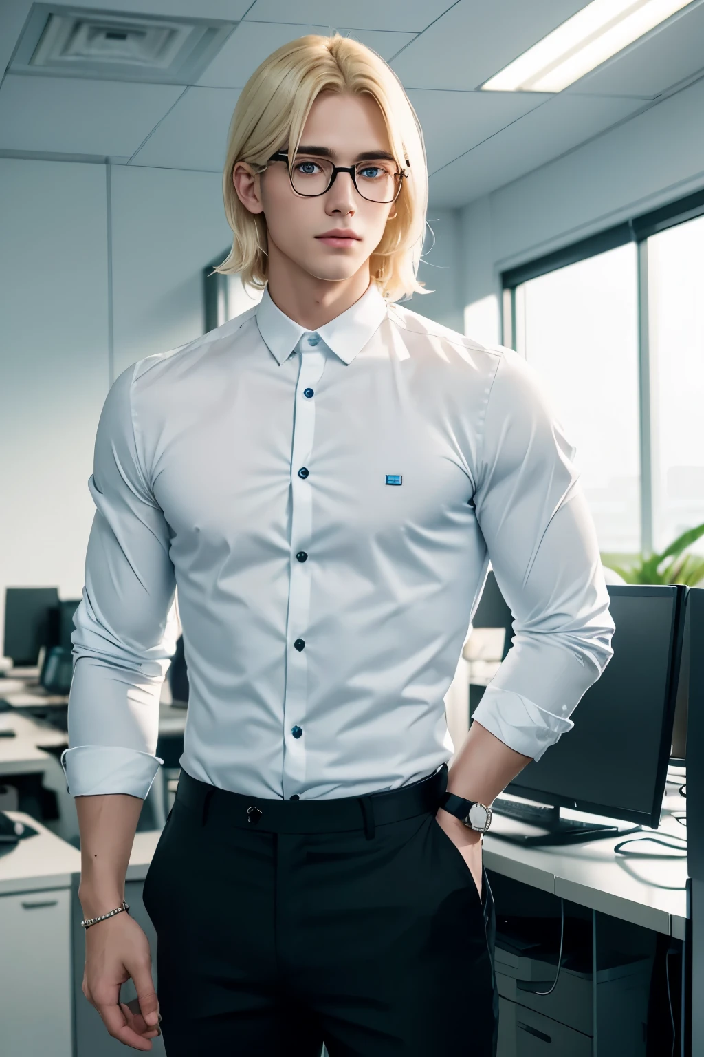 Young man, cute handsome, white flawless skin, no facial hair, blue opal eyes, wearing square black rim clear eyeglasses, plumpy peach lips, blonde shoulder length beautiful hair, standing in the office, wearing white long sleeves button shirt and black pants, long legs, wearing blue kets