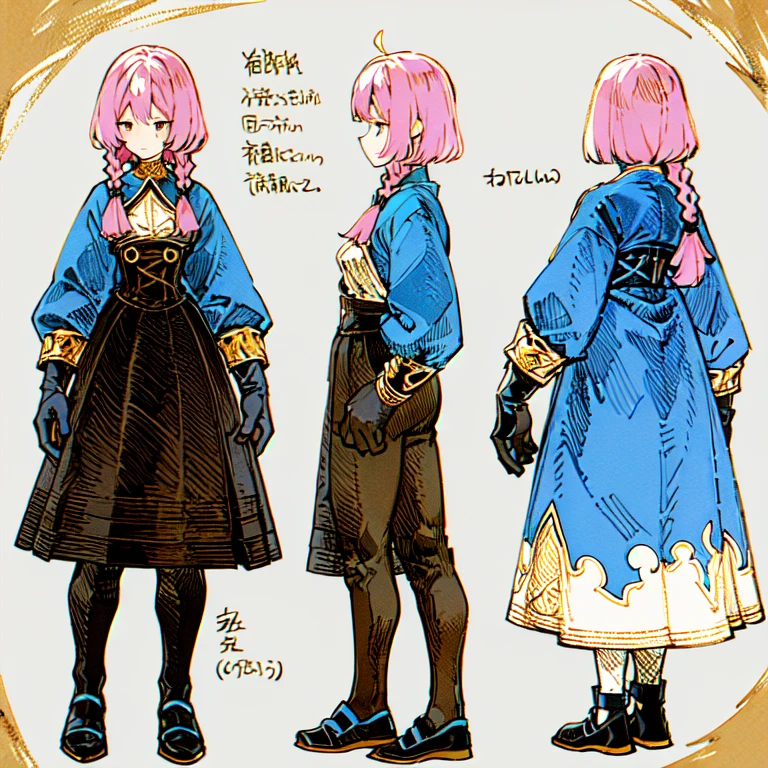(Character Design Sheet, (((same character))), front, Side, back), 2D anime style, anime mo art style, 1 person, asexual, Pink hair, long bangs, thin twisted braid, golden eyes, Brilliant eyes, no clothes, Black limbs, cute art style, иллюстрация anime style, from Kamagurka, in pixiv, pixiv style, pixiv, anime style, anime art style, whole body commission