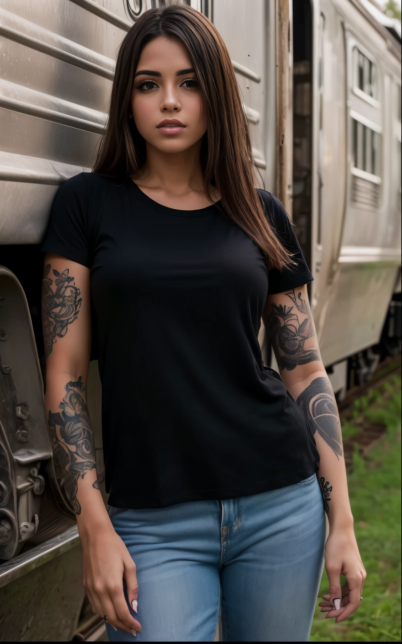 Araafed woman with full arm tattoo standing in front of a train with a beer, camiseta preta, wearing a Camiseta preta, camiseta preta, Camiseta preta, vestindo uma camiseta preta, vestindo camiseta preta, camisa preta, wearing a camisa preta, fotografia de uma mulher techwear, Top preto, retrato no meio da cena, contorno preto, retrato frontal