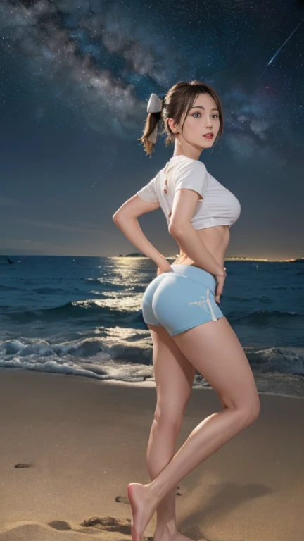 ((masterpiece)), (highest quality), 23 years old,Very detailed, finely, (High resolution), (8k), ((Perfect front viewcomposition)), (Natural color lip),(Side Ponytail:1.3),(((Standing facing forward on the beach at night, look at me))),((Printed T-shirt)),((Light blue fitness shorts)),((From the whole body to the toes:1.3)),((Perfect front view)),((The magnificent Milky Way floating in the night sky)),((Natural pose)),,((Big ribbon on thigh)),((Normal size buttocks)),((Ample breasts)),((Full and firm breasts)),(Small Pareo),