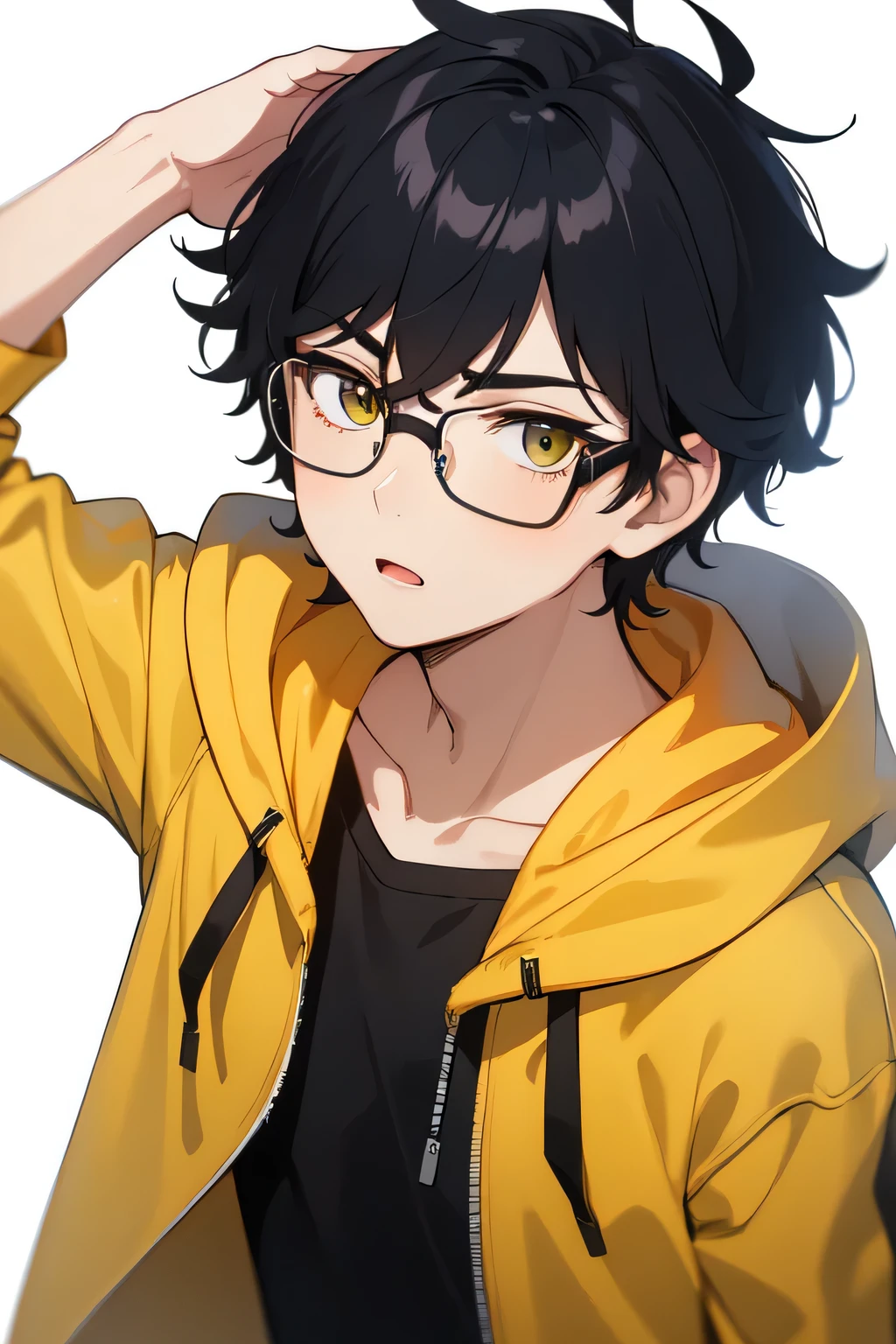 Create a boy with cool looking hair and with yellow hoodie his hairs waving in air and he wears black glasses also face flex with 18 age