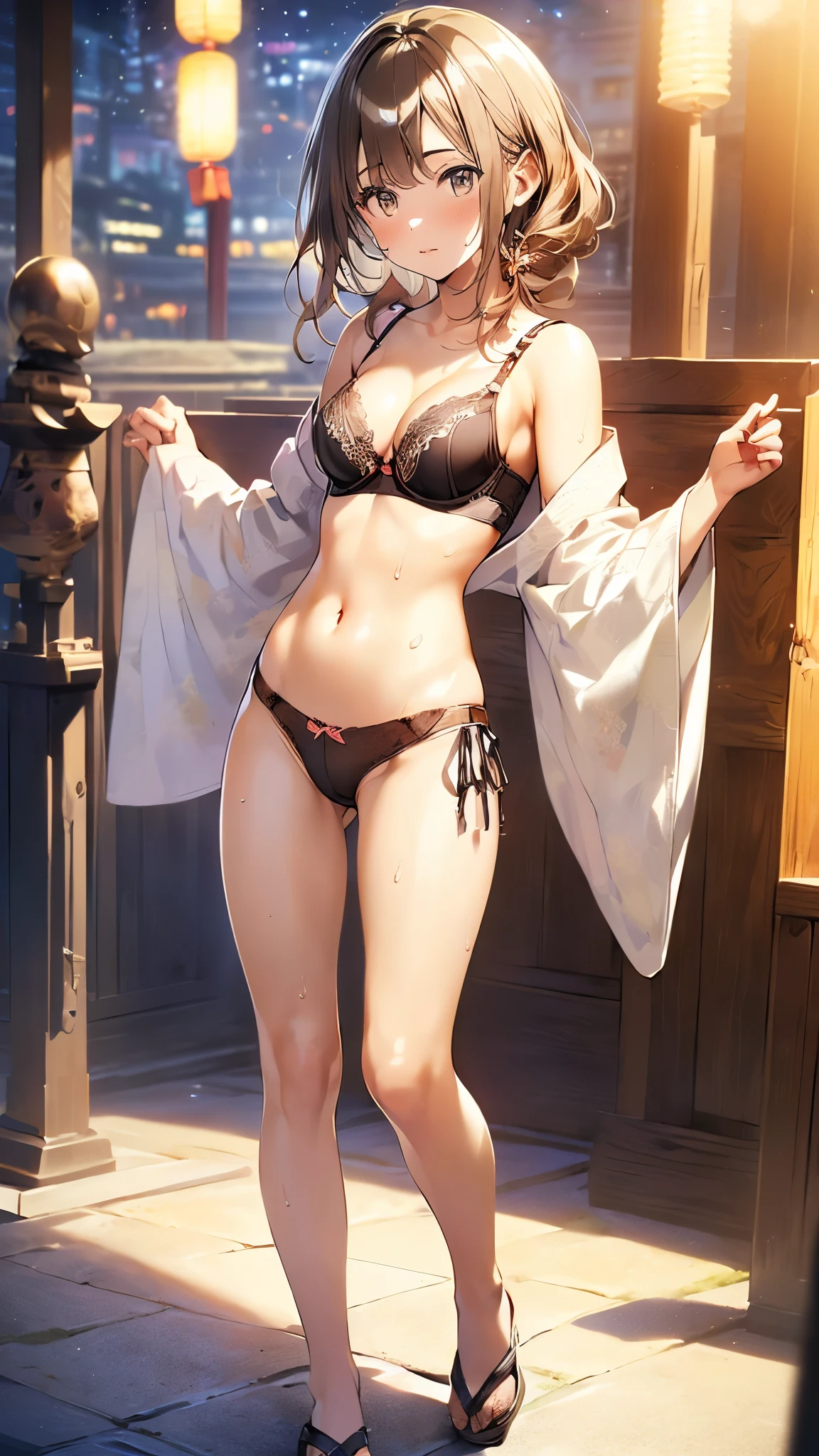 (((night,真night中))),(whole body),(((Cinema lighting))),((Perfect Anatomy:1.2,Realistic:1.3,Raw photo:1.3,masterpiece、highest quality、Ultra - High resolution、High resolution、Extremely detailed CG、8k)),((attractive way to sit)),1 female,alone,18-year-old、High school girl beautiful girl,Japanese,((Beautiful and exquisite face and eyes:1.2,Big beautiful eyes:1.0,)),(Bright Eyes),((Beautiful woman))、((Blonde)),Long Hair,(Center parted hair:1.4,amount),Medium chest,((slim body)),Small Head:1.3,skinny,(Brown Skin:1.8),((Oily skin,Glowing Skin,Shiny skin,Sweat:1.4)),((Model pose)),(((Kimono 1.5))),(prostitution),((open legs:1.5)),shrine,((Turn your body forward)),Stick out your crotch、(Detailed depiction of the crotch),break,(((satin bra)))、(((Satin panties)))、(shiny bra:2),((Shiny panties:2))、((((Bra and panties are drawn in the same color))))、((Shiny Bra 2)),((Shiny Panties 2))