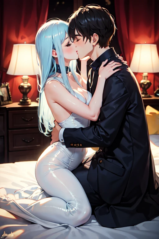 A girl with light blue long hair kiss her husband