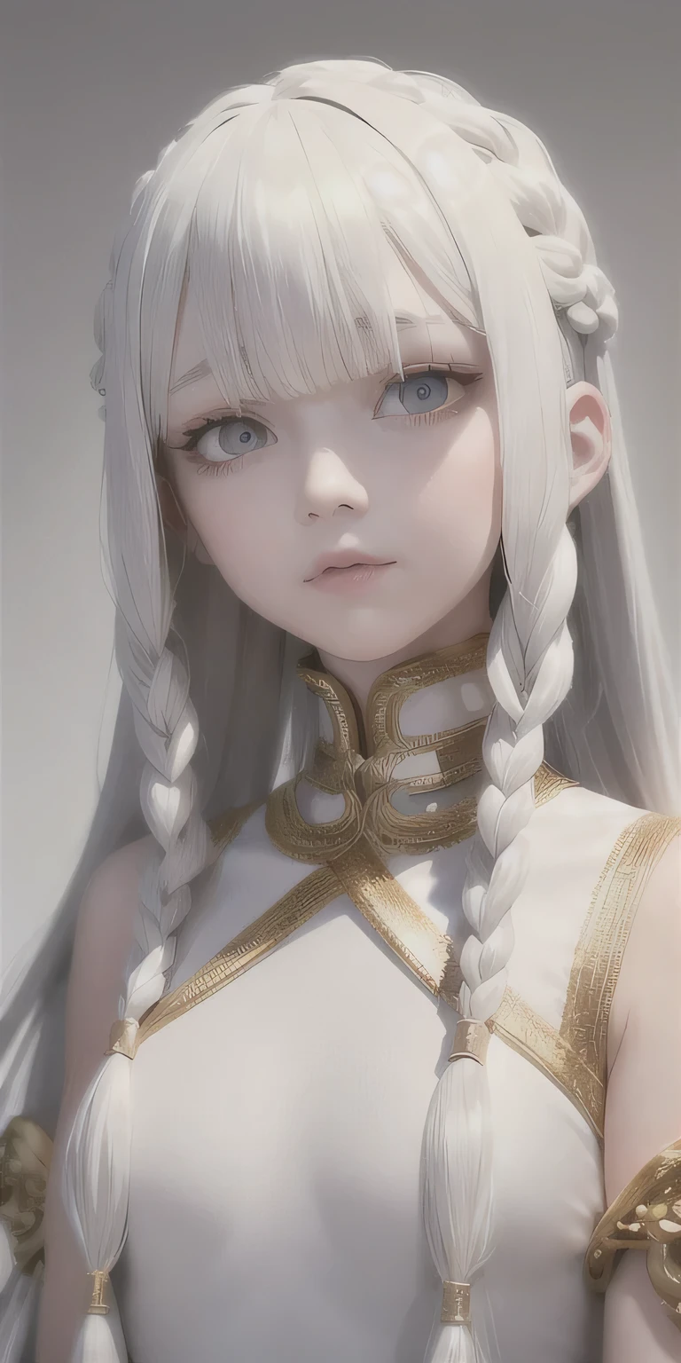 best quality, masterpiece,white hair, gold eyes,white clothes, looking up, upper body,hair strand,Fair skin,side braids