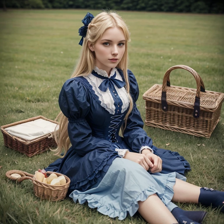 blonde woman in dark blue 1880s victorian bustle dress, very long hair in victorian style, sitting on a grass, picnic, picnic basket, full body, victorian photo