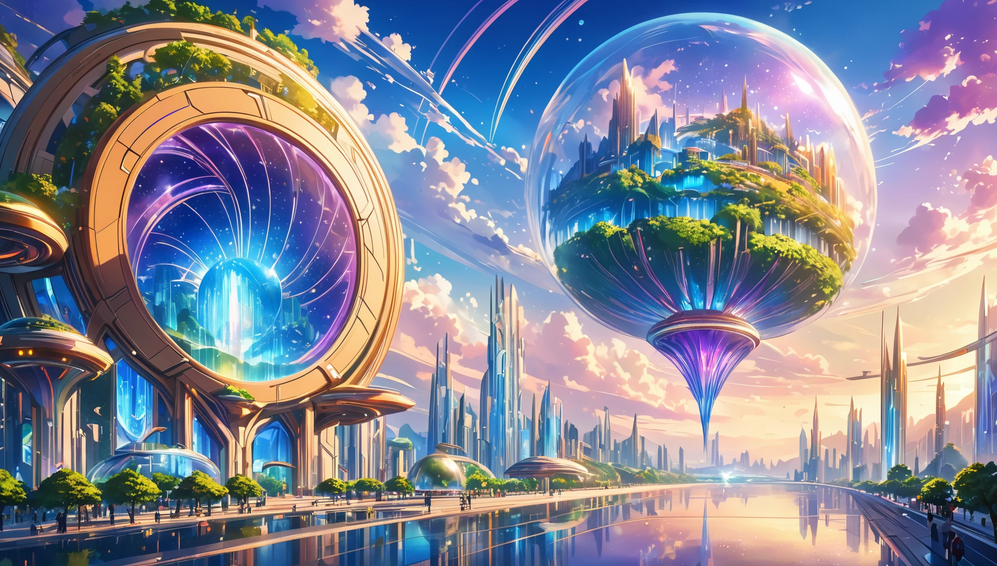 (in the style of futuristic:1.8),Generate realistic future landscapes,beauty, Gorgeous and romantic building, Flying Future Complex, crystal waterfalls from Flying Future Complex, And highly refined flowers, this is the flying city of the future people. 这些未来主义的城市看起来像是用sparkling的宝石雕刻而成的, Clear and intricate details, Added realism,云朵在Colorful的天空中飘散成beauty闪烁的星星, The deep blue and purple light in the sky is mesmerizing, Create a charming atmosphere. Contains multiple different levels,Strong visual interest. The environment is huge,Awesome, This is a macro photo. The general atmosphere is peaceful., Serenity and highly refined sweetness. Contains interesting fantasy elements,Its colors complement the rest of the landscape. The sky should be very detailed. The landscape should be very detailed. All buildings should be decorated with intricate details. Contains a shiny futuristic vibe, Distributed glass cover, Colorful, Lots of futuristic little details, Including rainbow, Professionally crafted spectacular landscapes, sparkling. Contains lots of bright colors and blurry, hyper-realistic details. camera: Use dynamic compositions to create interest and excitement. Computer graphics and image processing, Unreal Engine, unified engine, ((masterpiece)), high resolution, 8k, Best image quality, High image quality, High image quality, High image quality, 16,Raw, Ultra High image quality, Super Detail, Fine details, Extremely refined, Extremely detailed, Realistic shadows, cartoon, very detailed painting, Award-winning glamor, Wonderful paintings, Art style, Stylization ,