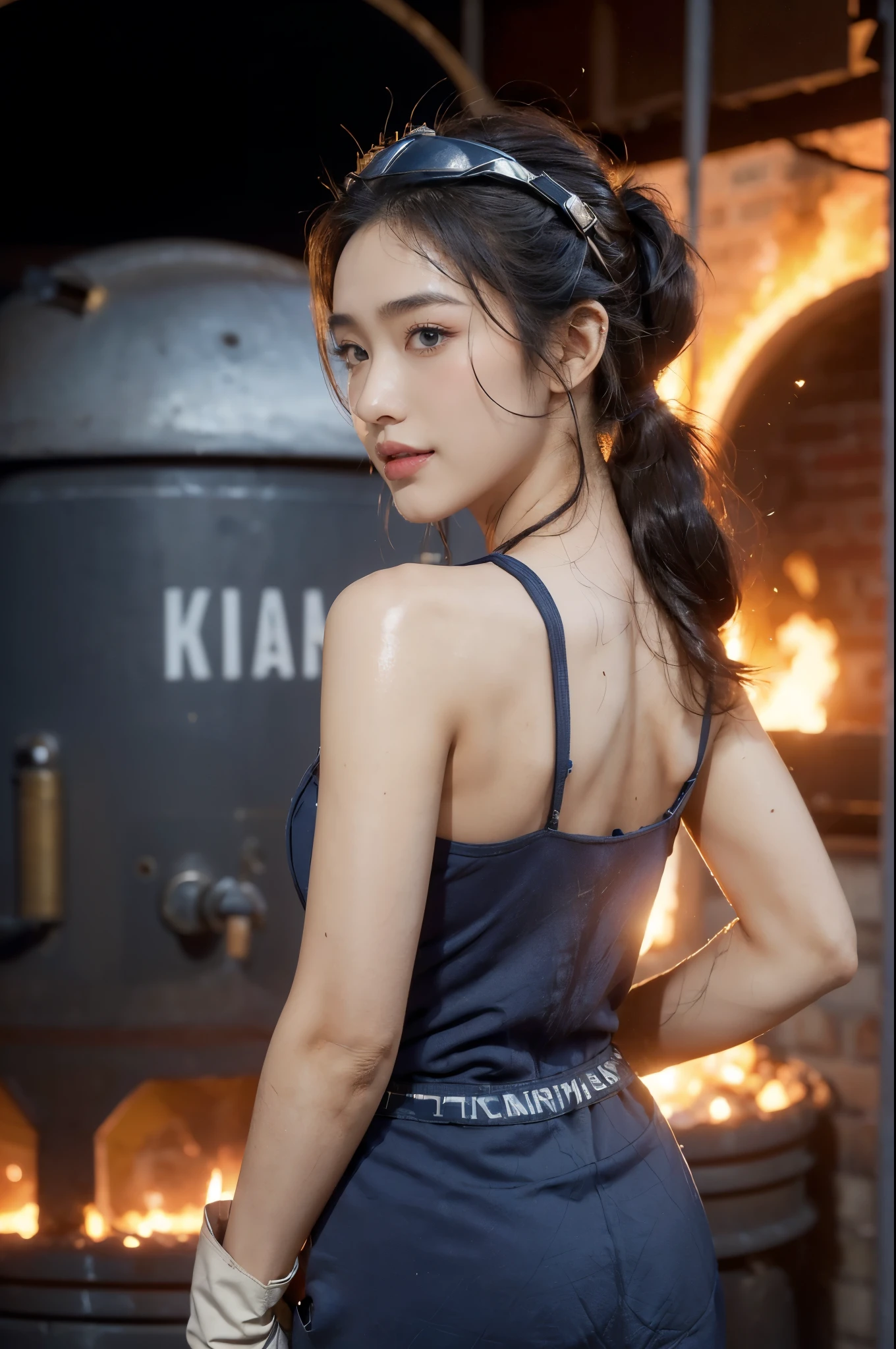 (Extremely meticulous CG),(((8k))),wallpaper,((Extremely refined and beautiful)),(((Masterpiece))),(((best qualtiy))),(((Ultra High Resolution))),beautiful light up,realistic shaded,(Smooth and flawless skin:1.5),(Extremely exquisite facial details:1.3),(ultra-detailed:1.5),((a beautiful girl,solo)),(female worker:1.2),(Safety helmet on head:1.5),(short ponytail:1.2),(small head:1.2),(slender face:1.2),(Exquisite makeup:1.3),(mask on face:1.3),(blush:1.3),(sweat:1.5),(happy:1.2),(laughing:1.2),(perfect body:1.1),(brown skin:1.3),(shiny skin:1.5),((slim,thin)),(bare back:1.3),(maxi dark blue apron:1.5),(gloves:1.3),(slender legs:1.2),(boots:1.2),(standing:1.3),(towering hips:1.5),(in factory:1.2),(In the steelmaking workshop:1.3),(Beside the steelmaking furnace:1.3),(indoor:1.2),(Cyberpunk style:1.3),(warm glow of the furnace fire:1.3),(detailed background:1.5),(close-up of upper body:1.3),(from back:1.3)