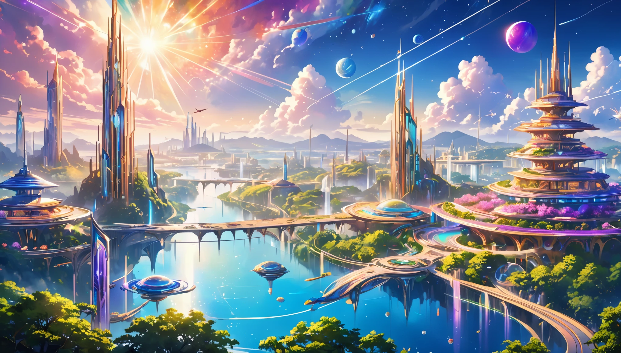 (in the style of futuristic:1.8),Generate realistic future landscapes,beauty, Gorgeous and romantic building, Flying Future Complex, crystal waterfalls from Flying Future Complex, And highly refined flowers, this is the flying city of the future people. 这些未来主义的城市看起来像是用sparkling的宝石雕刻而成的, Clear and intricate details, Added realism,云朵在Colorful的天空中飘散成beauty闪烁的星星, The deep blue and purple light in the sky is mesmerizing, Create a charming atmosphere. Contains multiple different levels,Strong visual interest. The environment is huge,Awesome, This is a macro photo. The general atmosphere is peaceful., Serenity and highly refined sweetness. Contains interesting fantasy elements,Its colors complement the rest of the landscape. The sky should be very detailed. The landscape should be very detailed. All buildings should be decorated with intricate details. Contains a shiny futuristic vibe, Distributed glass cover, Colorful, Lots of futuristic little details, Including rainbow, Professionally crafted spectacular landscapes, sparkling. Contains lots of bright colors and blurry, hyper-realistic details. camera: Use dynamic compositions to create interest and excitement. Computer graphics and image processing, Unreal Engine, unified engine, ((masterpiece)), high resolution, 8k, Best image quality, High image quality, High image quality, High image quality, 16,Raw, Ultra High image quality, Super Detail, Fine details, Extremely refined, Extremely detailed, Realistic shadows, cartoon, very detailed painting, Award-winning glamor, Wonderful paintings, Art style, Stylization ,