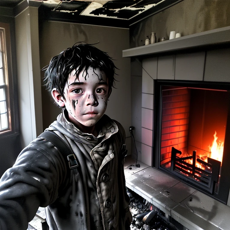 Caught in a fireplace explosion、A selfie of a boy covered in soot and in rags