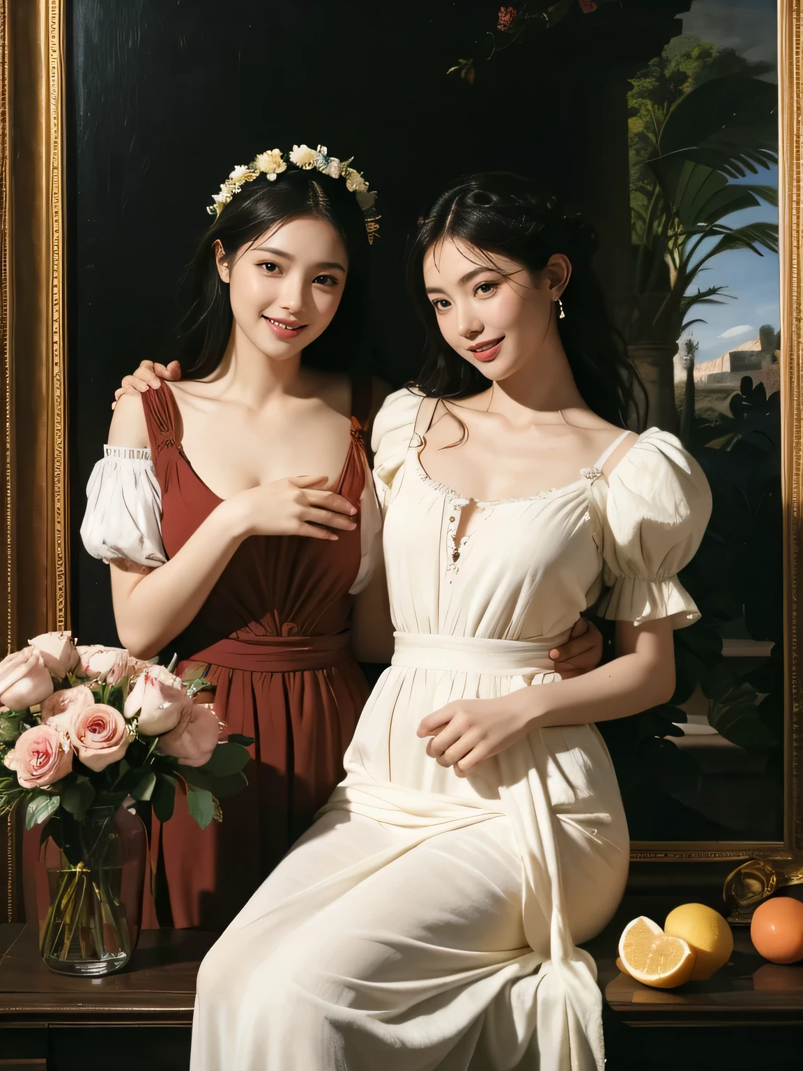 full body portrait or statue、Giorgione painting style,Arguments of two female Philosophe,math、astronomical machine、astronaut、roses in vase、fruits、Cute trinkets、smile、ancient greek costume、Ancient Roman landscape in the style of Nicolas Poussin,laughter,,Sweet and seductive appearance.、Caravaggio's paintings、Chiaroscuro of Caravaggio、hair tousled by the wind,Two women frolicking,cute smile, expression of ecstasy,Sexy,erotic,
