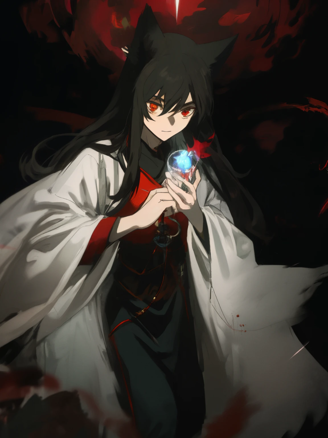 ((masterpiece, best quality)) Kitsune, male, black long hair, handsome, slender, dark priest with balck and red cloack, fox ears, red eyes, cultist, black crown, solo, one character, 