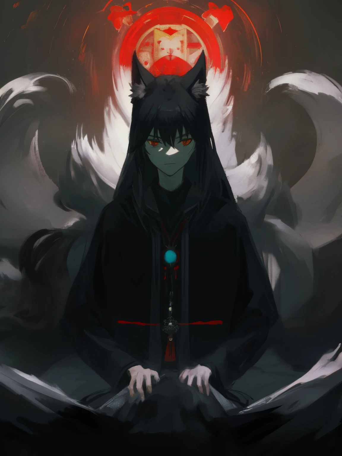 ((masterpiece, best quality)) Kitsune, male, black long hair, handsome, slender, dark priest with balck and red cloack, fox ears, red eyes, cultist, black crown, solo, one character, 