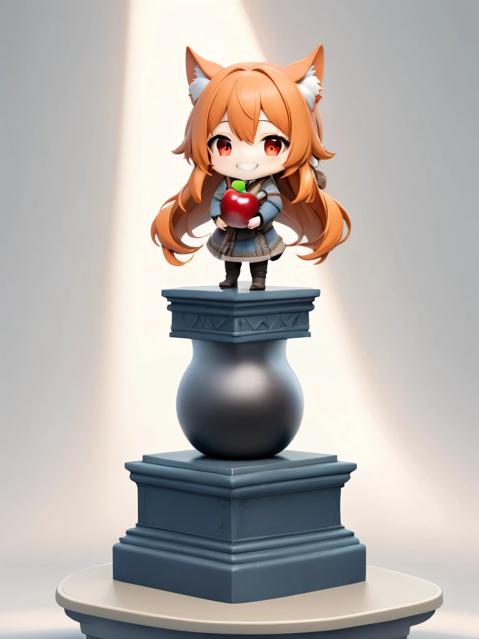 (chibi:0.6),3D figure, (very cute and bautiful anime girl:2.5), Holo, (wolf-ears, fluffy-wolf-tail:2.5), (grin:3.0),solo, (head-to-body-ratio-is-one-to-four:5.0),(full body), photo of an figure, high quality photo, (standing on pedestal, holding the apple in the palm of hand:5.5),wheat field, (peace:3.5),cleary outlined, simple and flat background,(masterpiece:1.2), (best quality),(ultra detailed),(extremely detailed),(absolutely resolution) ,absurdres,8k, BREAK,(highly detailed face and eyes:3.5),(long hair, orange hair, red-eyes:3.5),(Clothing of medieval European villagers:5.5),(Intricate Iris Details,Depth and Dimension in the Pupils:2.5),