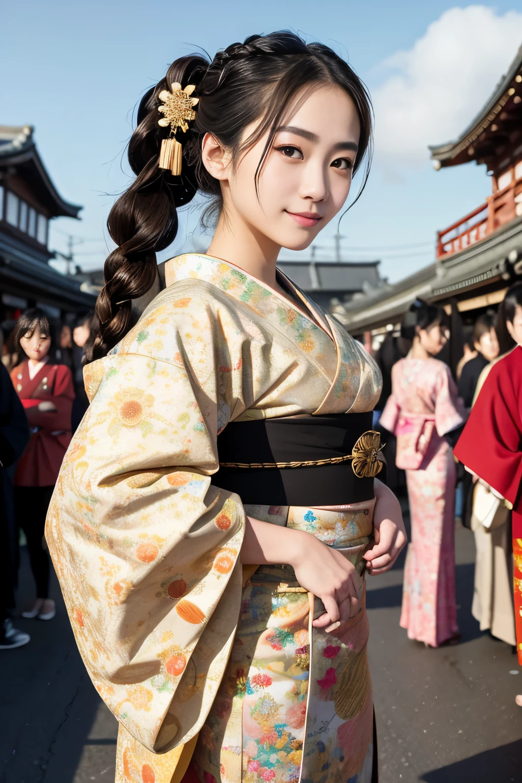 J-Pop Idol: 1.2、Mix 4、Japanese female 1 person,23 years old,(Thin eyebrows: 1.4),Sparkling brown eyes,clear amber eyes,Bunhead,Two braids tied together、Ancient Capital,Kyoto、Beautiful detailed sky、street,(crowd:1.2),night、(kimono,kimono)、(Happy,smile)、Golden ratio body,Beautiful woman looking back,Anatomically accurate depiction、masterpiece,highest quality,Highest Resolution:1.2,Hyperrealistic:1.5,16k raw photos:1.5、