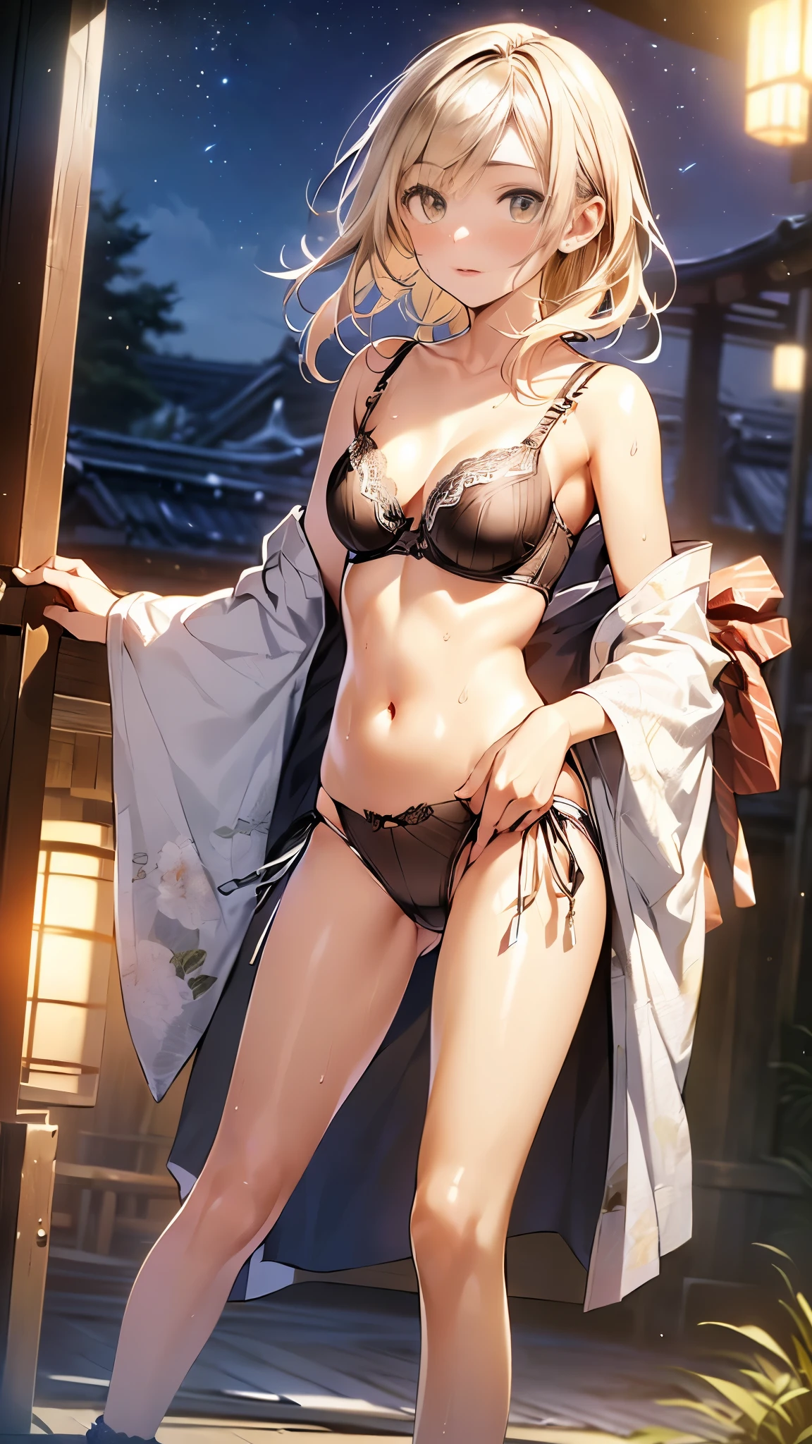 (((night,真night中))),(whole body),(((Cinema lighting))),((Perfect Anatomy:1.2,Realistic:1.3,Raw photo:1.3,masterpiece、highest quality、Ultra - High resolution、High resolution、Extremely detailed CG、8k)),((attractive way to sit)),1 female,alone,18-year-old、High school girl beautiful girl,Japanese,((Beautiful and exquisite face and eyes:1.2,Big beautiful eyes:1.0,)),(Bright Eyes),((Beautiful woman))、((Blonde)),Long Hair,(Center parted hair:1.4,amount),Medium chest,((slim body)),Small Head:1.3,skinny,(Brown Skin:1.8),((Oily skin,Glowing Skin,Shiny skin,Sweat:1.4)),((Model pose)),(((Kimono 1.0))),(prostitution),((open legs:1.5)),shrine,((Turn your body forward)),Stick out your crotch、(Detailed depiction of the crotch),break,(((satin bra)))、(((Satin panties)))、(shiny bra:2),((Shiny panties:2))、((((Bra and panties are drawn in the same color))))、((Shiny Bra 2)),((Shiny Panties 2))