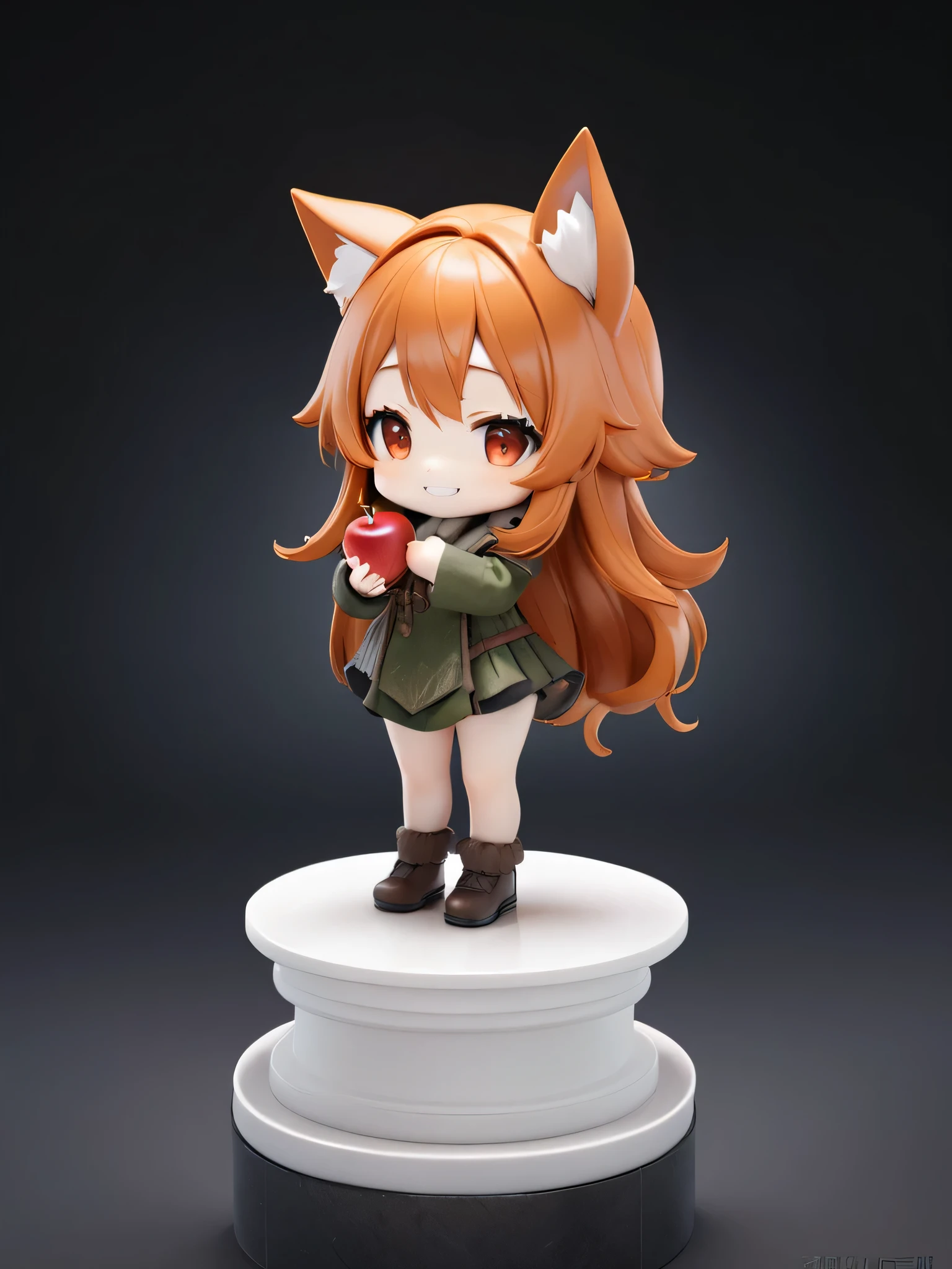 (chibi:0.6),3D figure, (very cute and bautiful anime girl:2.5), Holo, (wolf-ears, fluffy-wolf-tail:2.5), (grin:3.0),solo, (head-to-body-ratio-is-one-to-four:5.0),(full body), photo of an figure, high quality photo, (standing on pedestal, holding the apple in the palm of hand:5.5),wheat field, (peace:3.5),cleary outlined, simple and flat background,(masterpiece:1.2), (best quality),(ultra detailed),(extremely detailed),(absolutely resolution) ,absurdres,8k, BREAK,(highly detailed face and eyes:3.5),(long hair, orange hair, red-eyes:3.5),(Clothing of medieval European villagers:5.5),(Intricate Iris Details,Depth and Dimension in the Pupils:2.5),