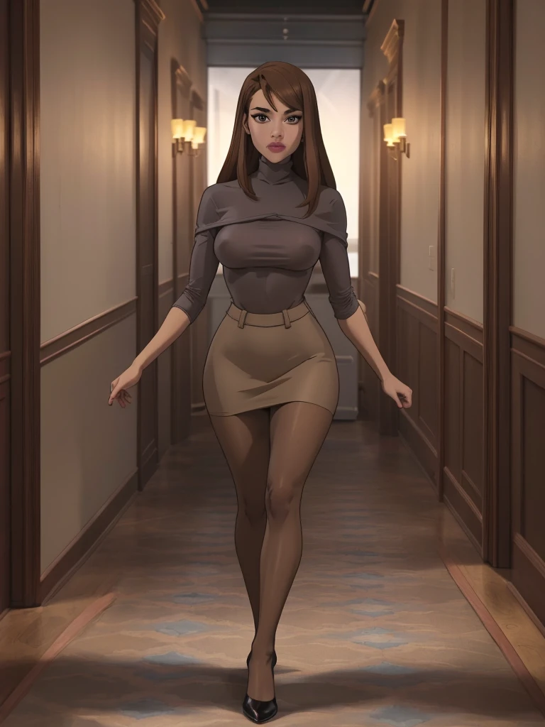 1girl, 18 years old, (brown pantyhose:1.3), (highheels:1.1), (emphasis on her legs and feet:1.3), long straight dark brown hair, (tight grey pencil skirt:1.1), (huge breasts:1.3), (small hips:1.2), (tight grey turtleneck:1.2), small butt, skinny, (thin:1.1), fit, athletic, short, perfect body, beautiful, cute, walking towards the viewer, masterpiece, highly detailed, beautiful, sexy legs, confidence, low denier, luxurious fabric, soft lighting, office backdrop, intricate details, HDR, 8k, hot hot girl, standing long legs wide open