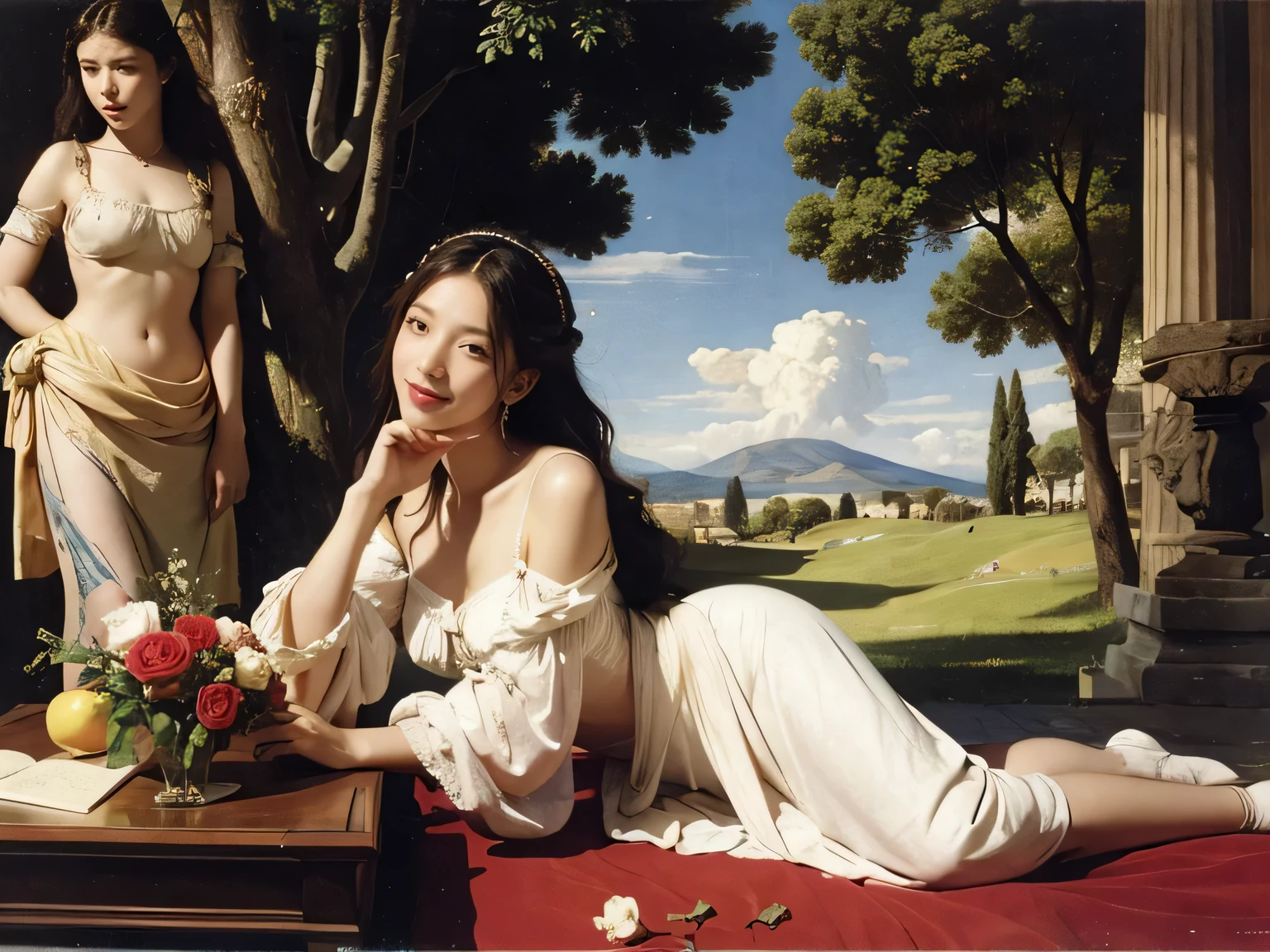 full body portrait or statue、Stained glass、Vigée Leblanc style、math、Astronomical machinery、astronaut、roses in vase、fruits、Cute trinkets、smile、ancient greek costume、Sandro Botticelli paintings、Clothes that stretch your shoulders、A big smile、expression of ecstasy、sexy、beautiful bare skin、A detailed representation of the seducing woman throughout her body.