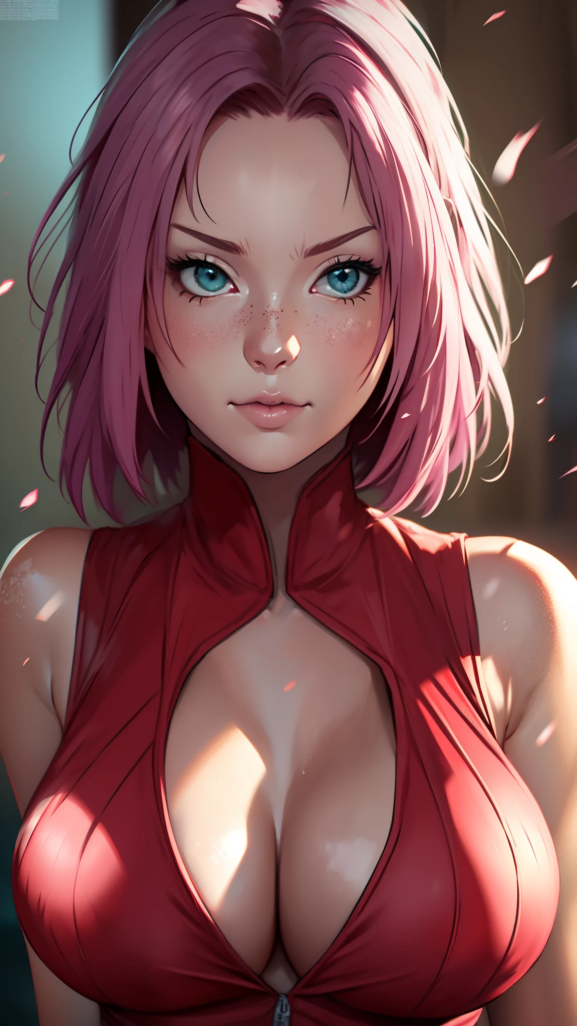 Sakura super realistic,sexy one piece ninja suit, one-girl,Large breasts,cleavage,Be red in the face,best quality,masterpiece,sharp fokus, contrasty lighting, Delicate skin, High resolution 8K, insanely details, realistically, professional photoshooting, 8K UHD, SLR camera, soft lighting, high high quality, film grain, Fujifilm XT3,Keep one's mouth shut,particle fx