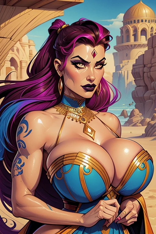 There is a curvaceous Middle Eastern woman (huge breasts, cleavage, goth makeup, multicolored shaved side hairstyle) with Tribal tattoos all over her body and wearing a long flowing gown made of sand and rocks, a beautiful artwork illustration, stunning digital illustration, Jen Bartel, exquisite digital illustration, beautiful digital illustration, intricate digital painting, digital painting | intricate, highly detailed vector art, in style of digital illustration, gorgeous digital art, vector behance hd Jesper Ejsing, beautiful digital artwork