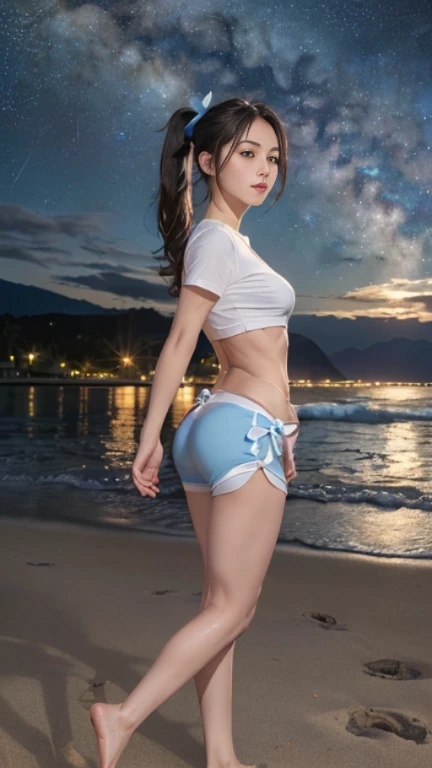 Tabletop, (highest quality), (23 years old,Very detailed), finely, (High resolution), (8k), ((Perfect rear view composition)), Natural color lip,(ponytail:1.3),((A girl sits with her legs spread apart on a rock)),(sitting barefoot on the sand:1.3),,((Fitness Shorts Light Blue),((whole body:1.3),,((shrapnel:1.3)),((Perfect rear view:1.3)),((The magnificent Milky Way floating in the night sky)),((Pose with your arms raised above your head)),(Look back and laugh, Please show me your white teeth),((Thigh ribbon)),((Big Ass)),((Ample breasts)),(Full and firm breasts),(Small Pareo),