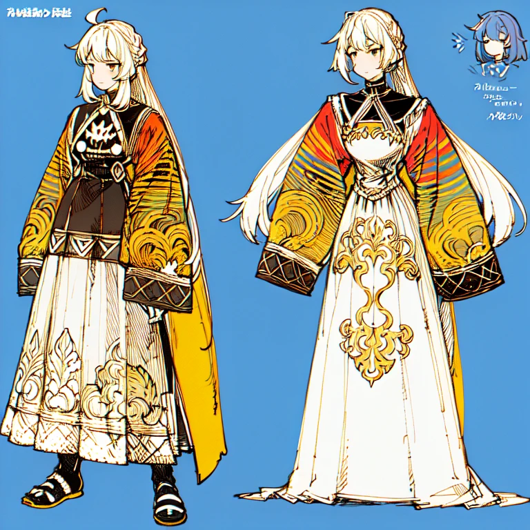 (Character Design Sheet, (((same character))), front, Side, back), 2D anime style, 1 person, asexual, long bangs, golden eyes, Brilliant eyes,cute art style, anime style illustration, from Kamagurka, in pixiv, pixiv style, pixiv, whole body commission
