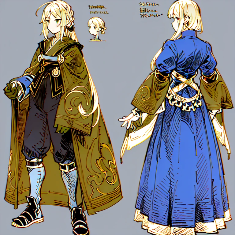 (Character Design Sheet, (((same character))), front, Side, back), 2D anime style, 1 person, asexual,  long bangs, golden eyes, Brilliant eyes,cute art style, anime style illustration, from Kamagurka, in pixiv, pixiv style, pixiv, whole body commission