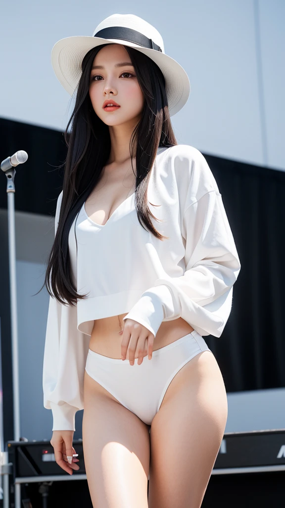 Beautiful girl, sexy, good figure, beautiful long black hair, medium length. white fedora hat Wearing a signature white outfit, she performed a (gravity-free) imitation (soft criminal music video) on stage.