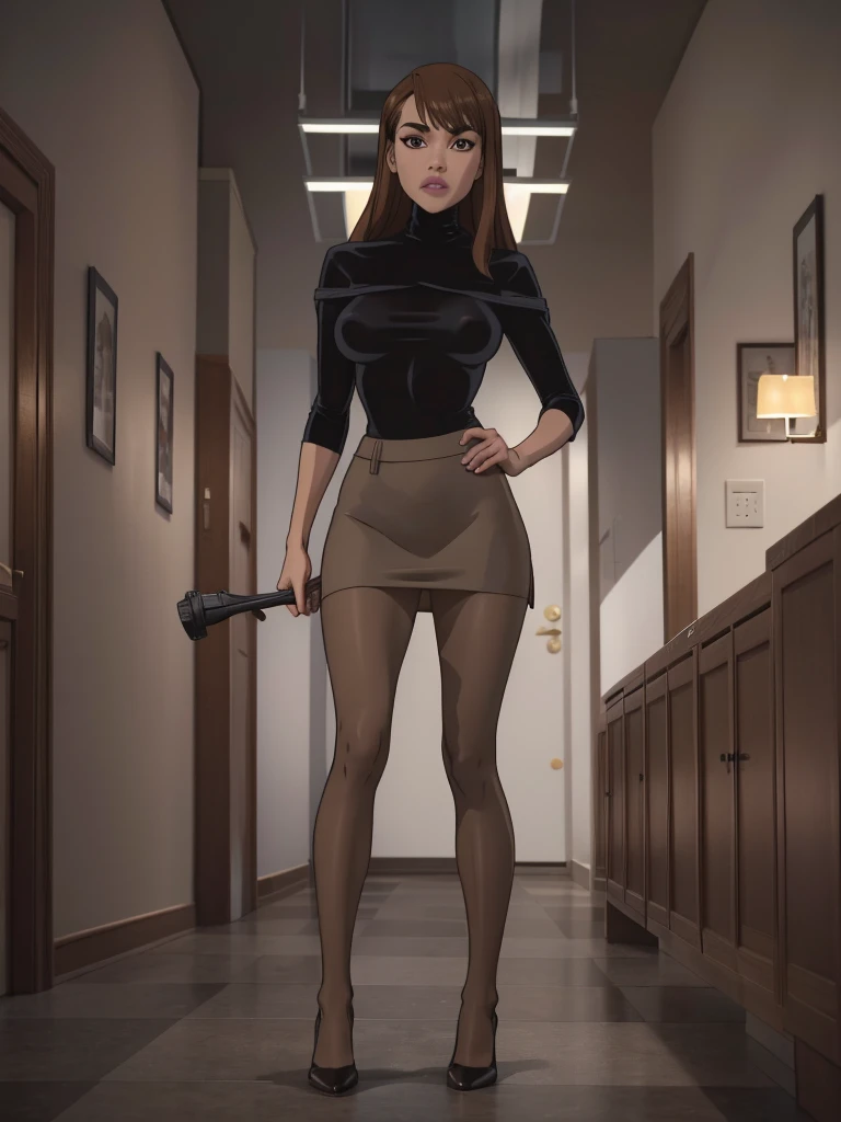 1girl, 18 years old, (brown pantyhose:1.3), (highheels:1.1), (emphasis on her legs and feet:1.3), long straight dark brown hair, (tight grey pencil skirt:1.1), (huge breasts:1.3), (small hips:1.2), (tight grey turtleneck:1.2), small butt, skinny, (thin:1.1), fit, athletic, short, perfect body, beautiful, cute, walking towards the viewer, masterpiece, highly detailed, beautiful, sexy legs, confidence, low denier, luxurious fabric, soft lighting, office backdrop, intricate details, HDR, 8k, hot hot girl, (( standing long legs wide open))