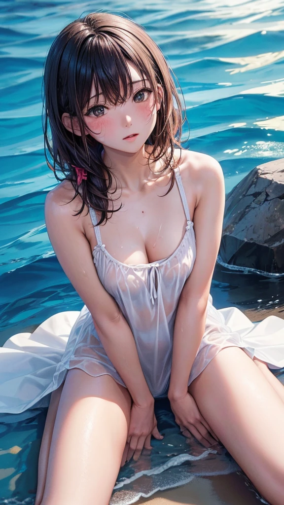 UHigh resolution, retina, masterpiece, Accurate, Anatomically correct, Textured skin, Super Detail, Attention to detail, high quality, Awards, 最high quality, High resolution, 1080p, High resolution, 4K, 8k, 16k、blue sea、Wide sky、deep sandy beach、Cute Girls、(Half naked:1)、Sunburn mark、Lay a sheet on the beach、Rest in seat、(Spread your legs:1.5),