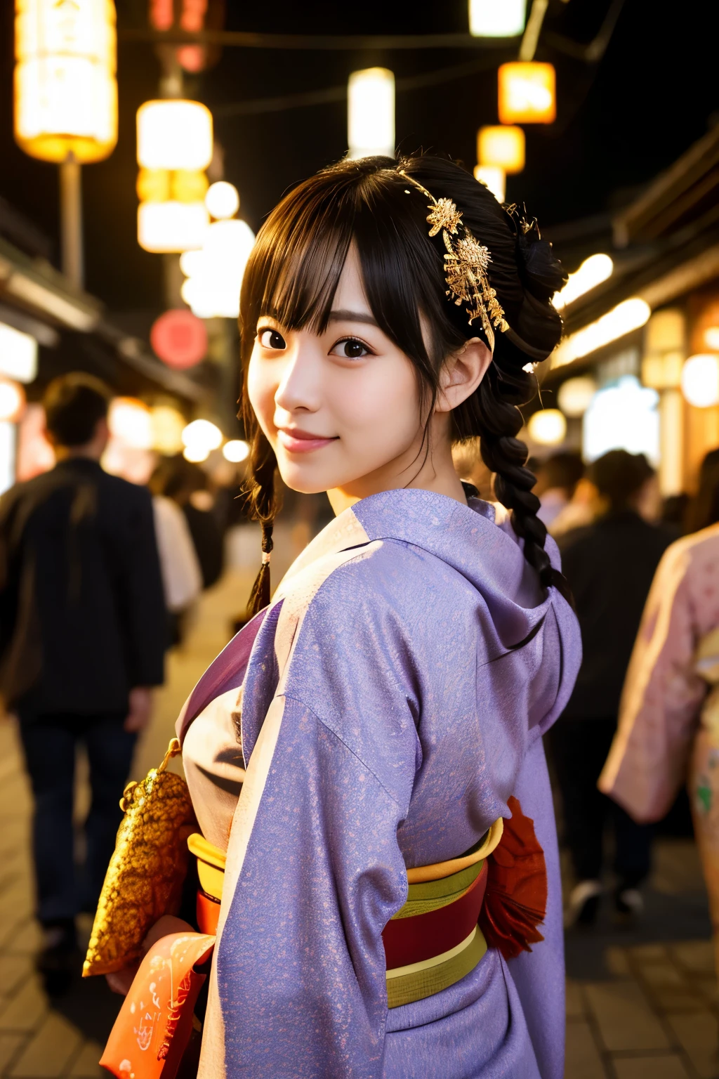 J-Pop Idol: 1.2、Mix 4、Japanese female 1 person,23 years old,(Thin eyebrows: 1.4),Sparkling brown eyes,clear amber eyes,Bunhead,Two braids tied together、Ancient Capital,Kyoto、Beautiful detailed sky、street,(crowd:1.2),night、(kimono,kimono)、(Happy,smile)、Golden ratio body,Beautiful woman looking back,Anatomically accurate depiction、masterpiece,highest quality,Highest Resolution:1.2,Hyperrealistic:1.5,16k raw photos:1.5、