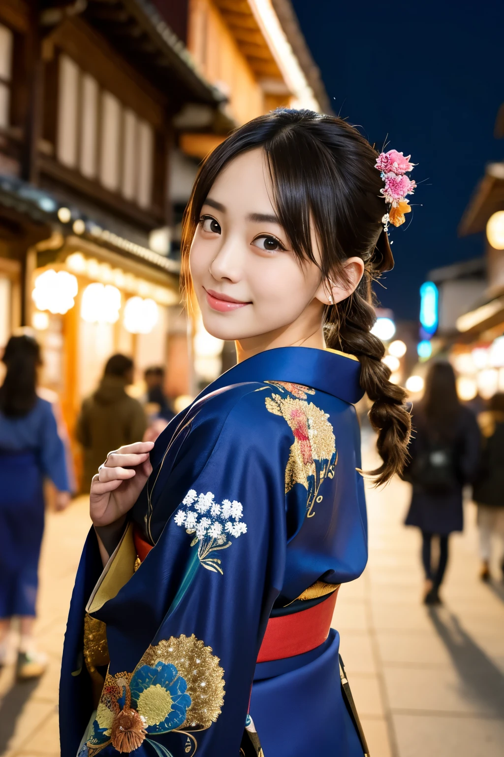 J-Pop Idol: 1.2、Mix 4、Japanese female 1 person,23 years old,(Thin eyebrows: 1.4),Sparkling brown eyes,clear amber eyes,Bunhead,Two braids tied together、Ancient Capital,Kyoto、Beautiful detailed sky、street,(crowd:1.2),night、(kimono,kimono)、(Happy,smile)、Golden ratio body,Beautiful woman looking back,Anatomically accurate depiction、masterpiece,highest quality,Highest Resolution:1.2,Hyperrealistic:1.5,16k raw photos:1.5、