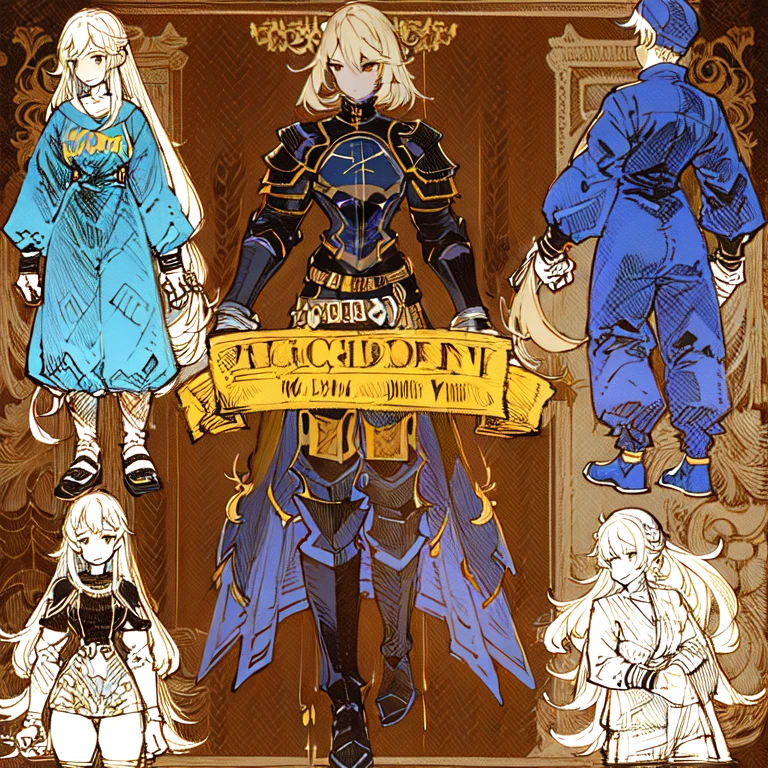 (Character Design Sheet, (((same character))), front, Side, back), 2D anime style, 1 person, asexual, long bangs, golden eyes, Brilliant eyes,cute art style, anime style illustration, from Kamagurka, in pixiv, pixiv style, pixiv, whole body commission, knight, dark skin, soldier
