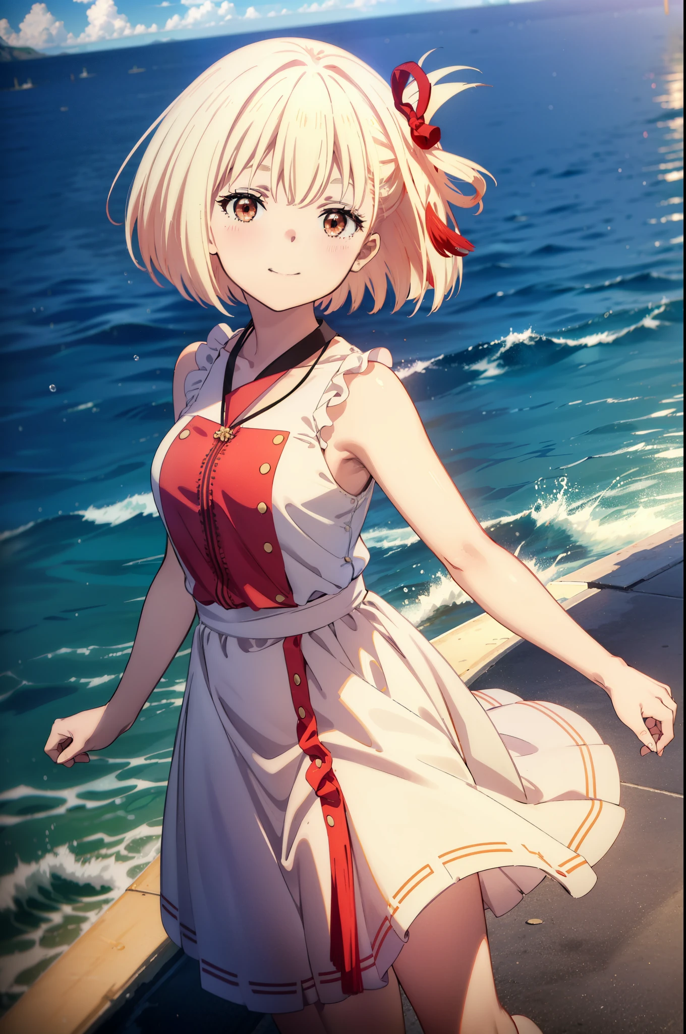 chisatonishikigi, Chisato Nishikigi, Short Hair, bangs, blonde,Bobcut, White hat(Red eyes:1.5), Hair Ribbon,One side up,happy smile, smile, Open your mouth,smile,blush,Red sleeveless dress,White long skirt,Bare arms,Rocket Pendant,Cute Sandals,real summer,sunny,It's as if your whole body is in the illustration., break outdoors, coastal,City Street, break looking at viewer, (Cowboy Shot:1.5), break (masterpiece:1.2), highest quality, High resolution, unity 8k wallpaper, (shape:0.8), (Beautiful details:1.6), Highly detailed face, Perfect lighting, Highly detailed CG, (Perfect hands, Perfect Anatomy),