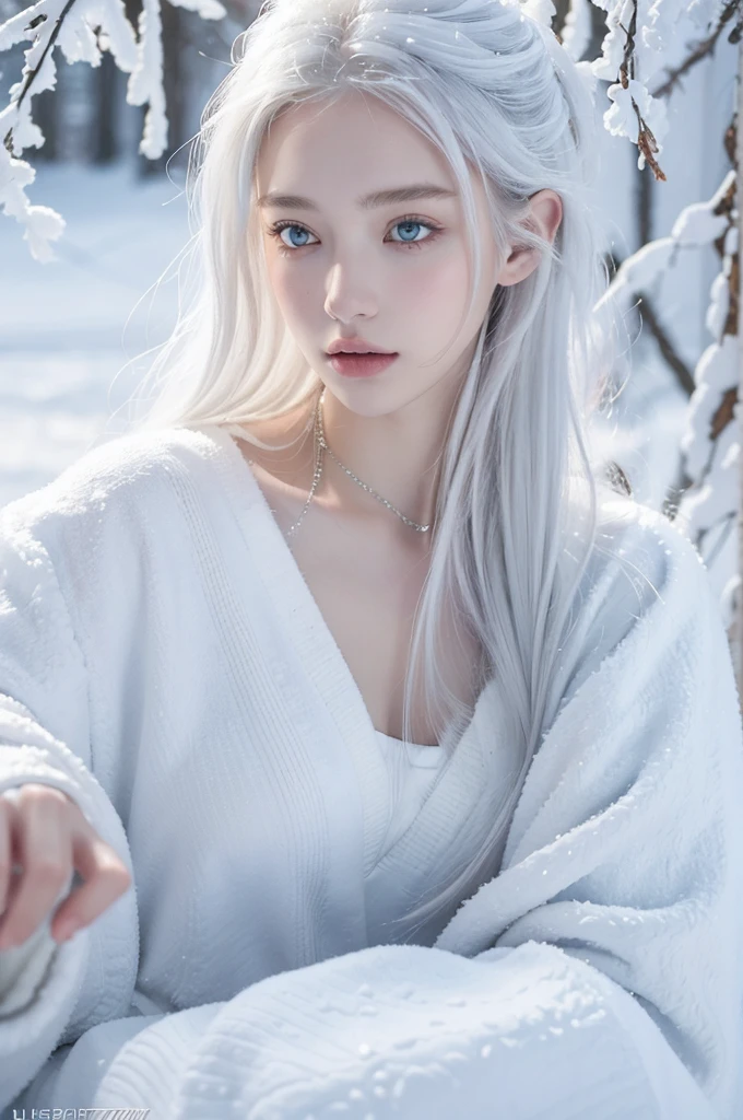 ( masterpiece, top quality, best quality,8k,17 years old girl,ultra detailed,raw photo:1.5),(photorealistic:1.4), (cinematic lighting), PerfectNwsjMajic, , Surrealism, UHD, ccurate, Super detail, textured skin, High detail, Best quality, dynamic angle, White skin,[Beautiful blue eyes], high nose,[flat chest:large breasts:0.5],(1girl),(good anatomy:0.5)),The white,A world covered in silver, branches covered with snow, cold winter touch, Snowflakes dance like elves, Turn the world into a silver fairy tale, Cold, Peaceful and beautiful snow scene, cozy calm, gorgeous princess dress ,white hair