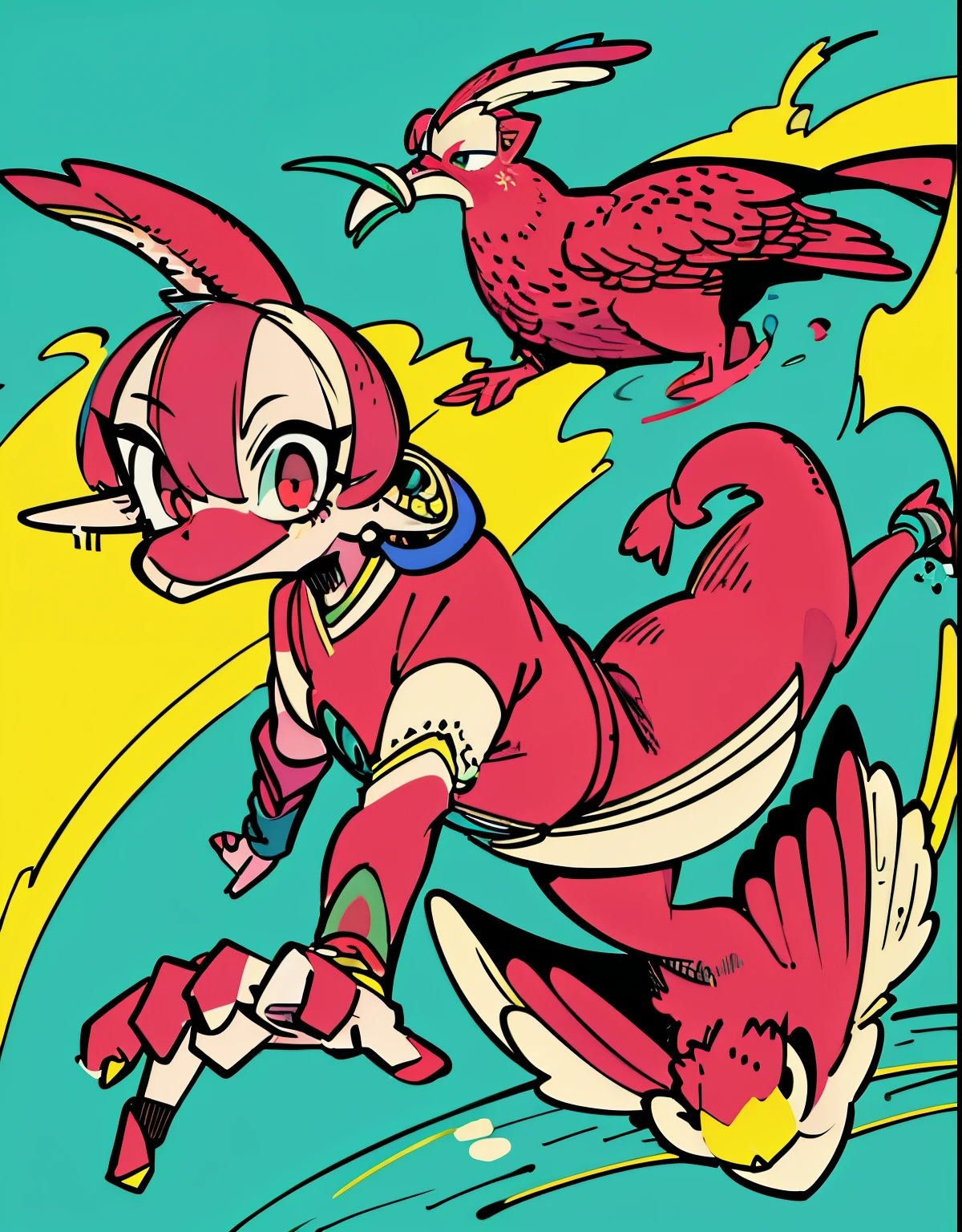 (Super detailed,Ultra-high resolution,Detailed Background),((2D)),((Flat Color)),((green)),((floating colorful water)),One girl,alone,View your viewers,break、日本long agoばなし、Momotaro、long ago、long ago話、Home comes、pheasant、dog、monkey