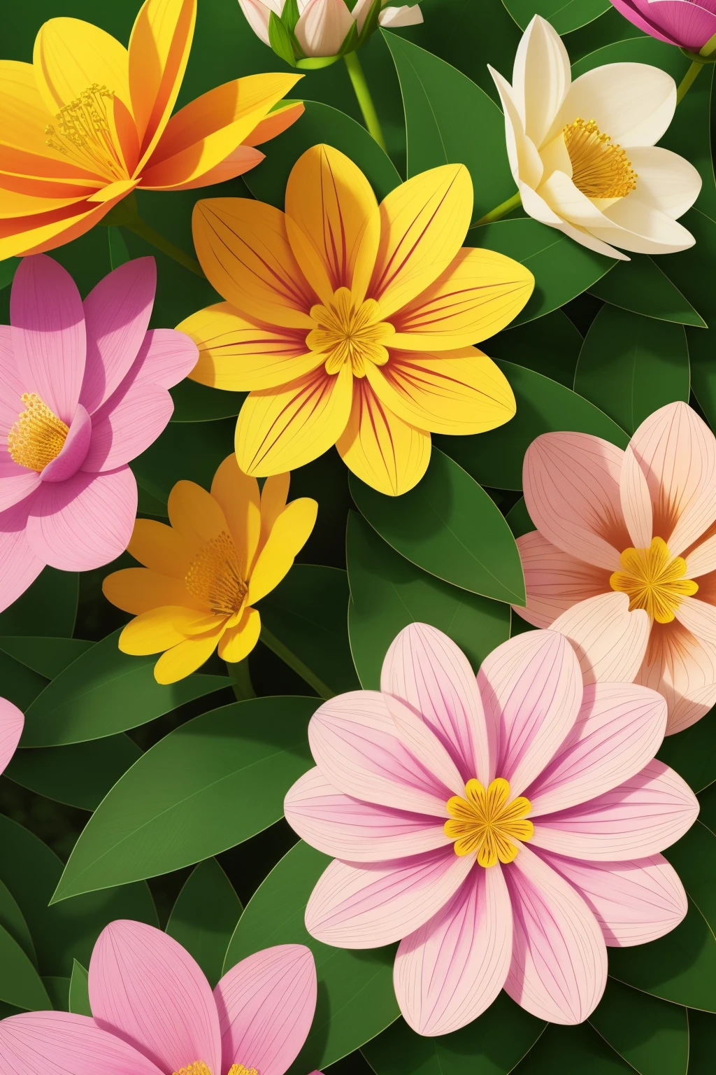 A beautiful flower garden in full bloom, with intricately designed textile patterns adorning the petals of various blossoms. Micro patterns dot the surfaces of each flower, adding depth and dimension to the scene. The solid, flat colors of the flowers pop against the spacious backdrop, creating a breathtakingly creative and unique tableau. A close-up view reveals the intricacies of these patterns, capturing their beauty in all its glory. This image is a masterpiece, showcasing the vivid colors and intricate details of nature in the highest quality, with a realism rating of 1.4 and ultra-high resolution textures.