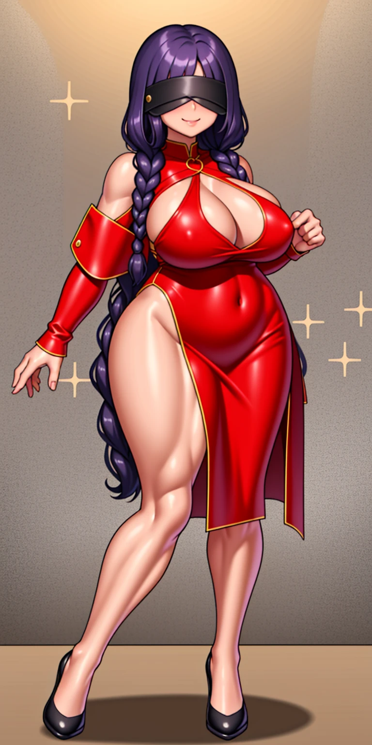 (masterpiece, HI quality: 1.1) 1girl full body standing good face, nice ass, hairstyle: braid, Color Hair: long hair, Blindfolded: NO EYES, Skin: White (porcelain skin, sparkly skin), muscular, thighs, Mature woman, Abs, looks at the viewer smiling, extremely huge breasts, maternal, chest cover with clothes