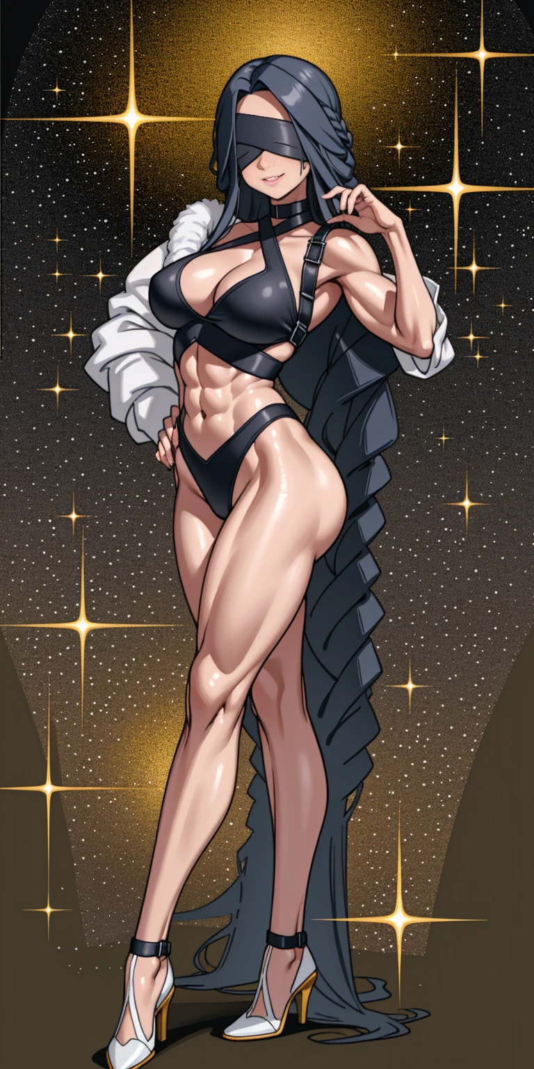 (masterpiece, HI quality: 1.1) 1girl full body standing good face, nice ass, hairstyle: braid, Color Hair: long hair, Blindfolded: NO EYES, Skin: White (porcelain skin, sparkly skin), muscular, thighs, Mature woman, Abs, looks at the viewer smiling, extremely huge breasts, maternal, chest cover with clothes