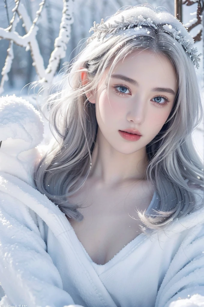 ( masterpiece, top quality, best quality,8k,17 years old girl,ultra detailed,raw photo:1.5),(photorealistic:1.4), (cinematic lighting), PerfectNwsjMajic, , Surrealism, UHD, ccurate, Super detail, textured skin, High detail, Best quality, dynamic angle, White skin,[Beautiful blue eyes], high nose,[flat chest:large breasts:0.5],(1girl),(good anatomy:0.5)),The white,A world covered in silver, branches covered with snow, cold winter touch, Snowflakes dance like elves, Turn the world into a silver fairy tale, Cold, Peaceful and beautiful snow scene, cozy calm, gorgeous princess dress ,white hair